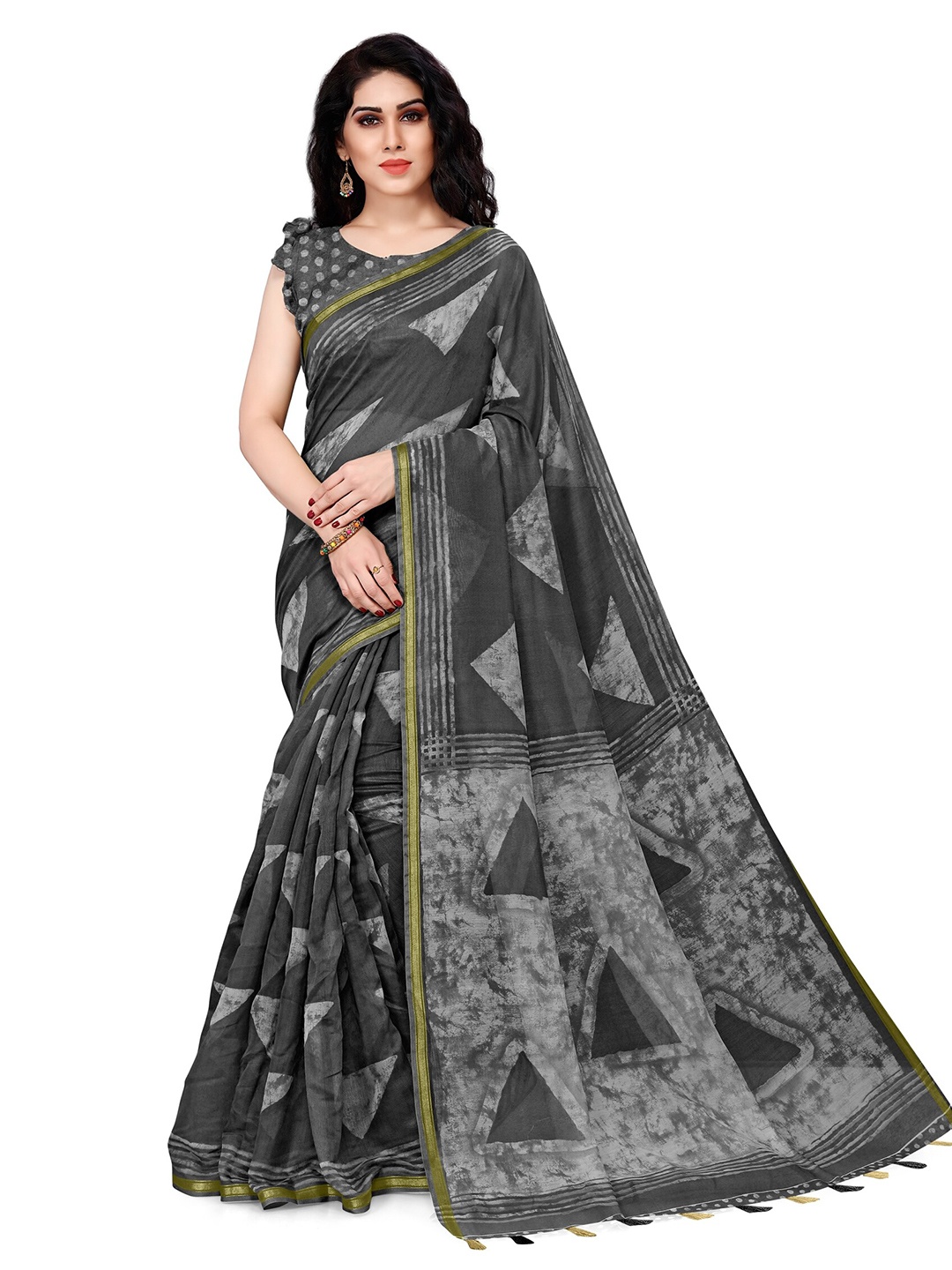 

KALINI Grey & Charcoal Zari Block Print Saree