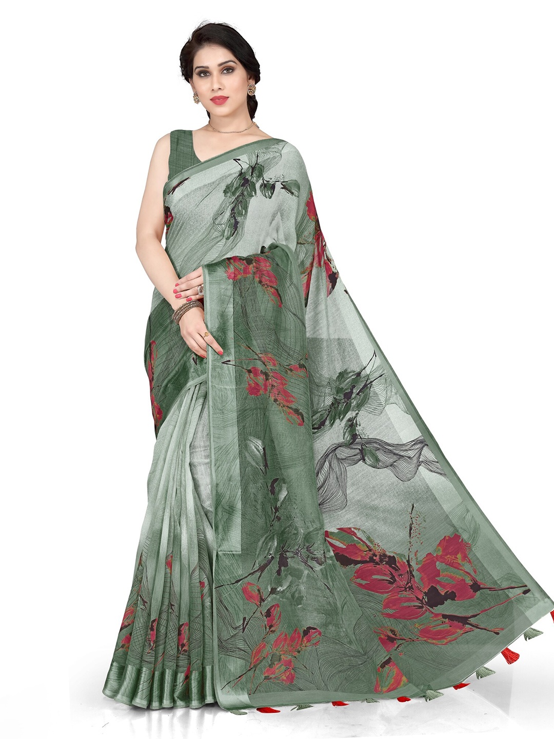 

KALINI Green Floral Printed Polycotton Saree