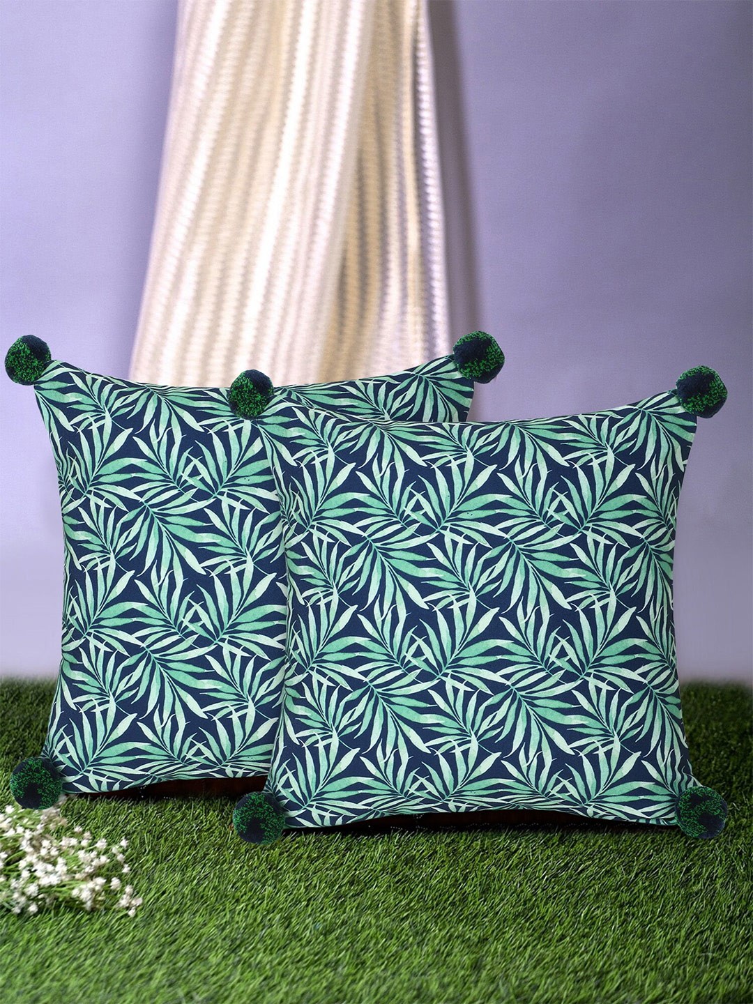 

Mezposh Set of 2 Green & Blue Floral Square Cushion Covers with Pom Pom Details