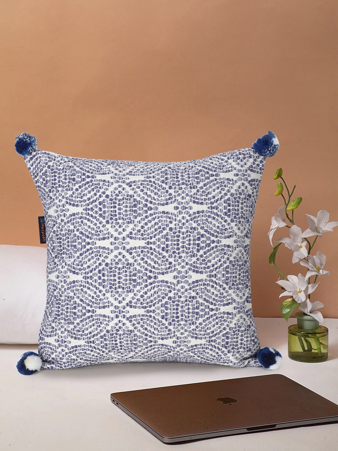 

Mezposh White & Blue Geometric Printed Jacquard Square Cushion Covers