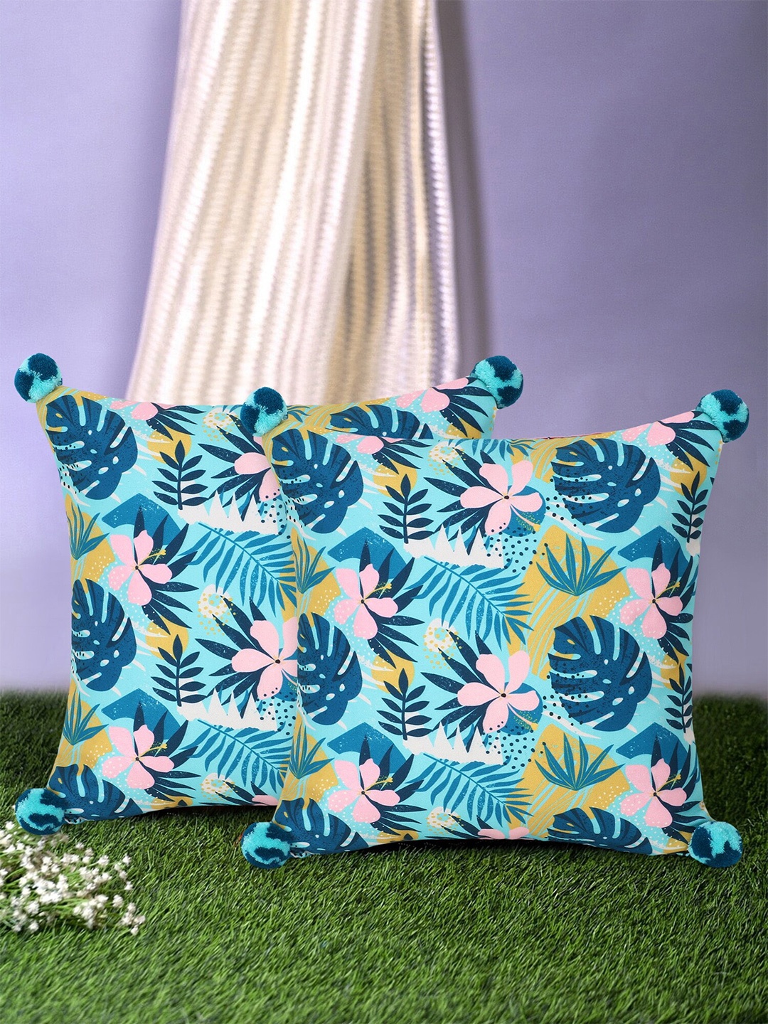 

Mezposh Pack Of 2 Turquoise Blue Floral Printed Square Cushion Cover