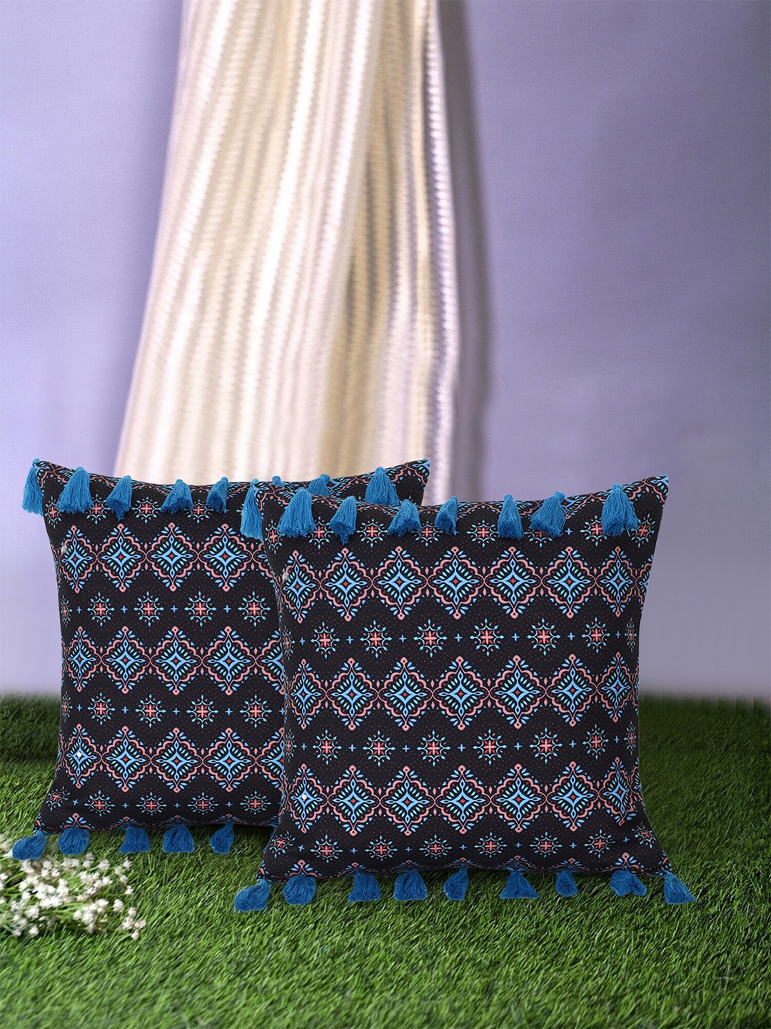 

Mezposh Blue & Black Set of 2 Ethnic Motifs Square Cushion Covers