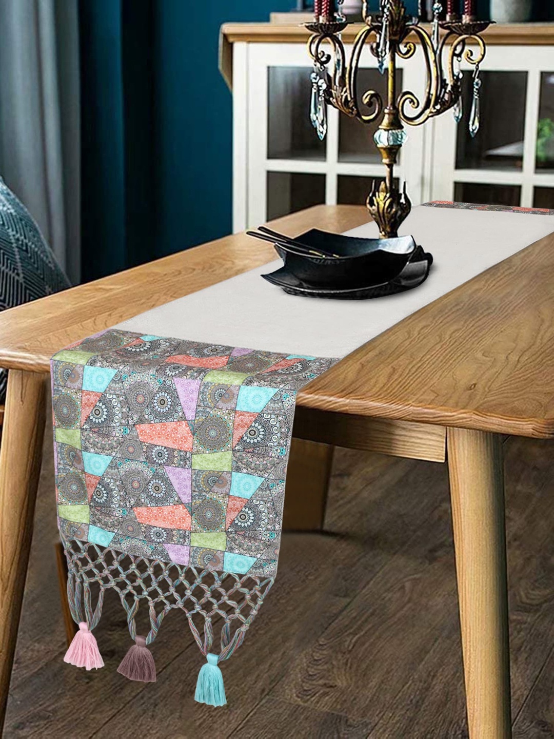 

Mezposh Grey & Orange Printed Canvas Table Runner