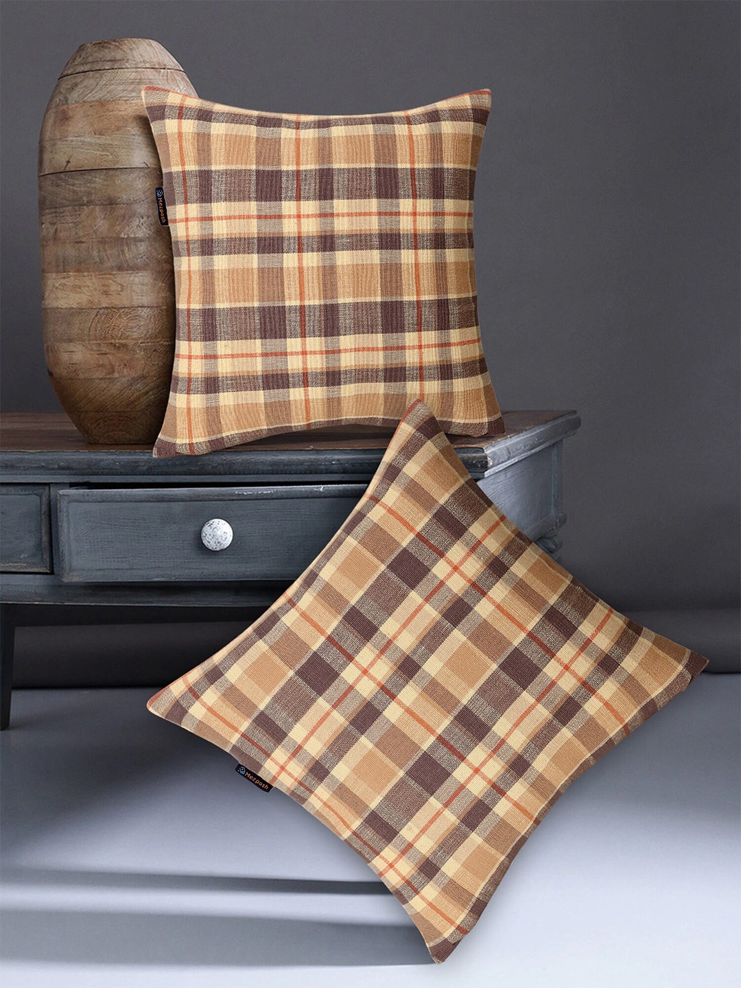 

Mezposh Set Of 2 Beige Checked Cotton Square Cushion Covers