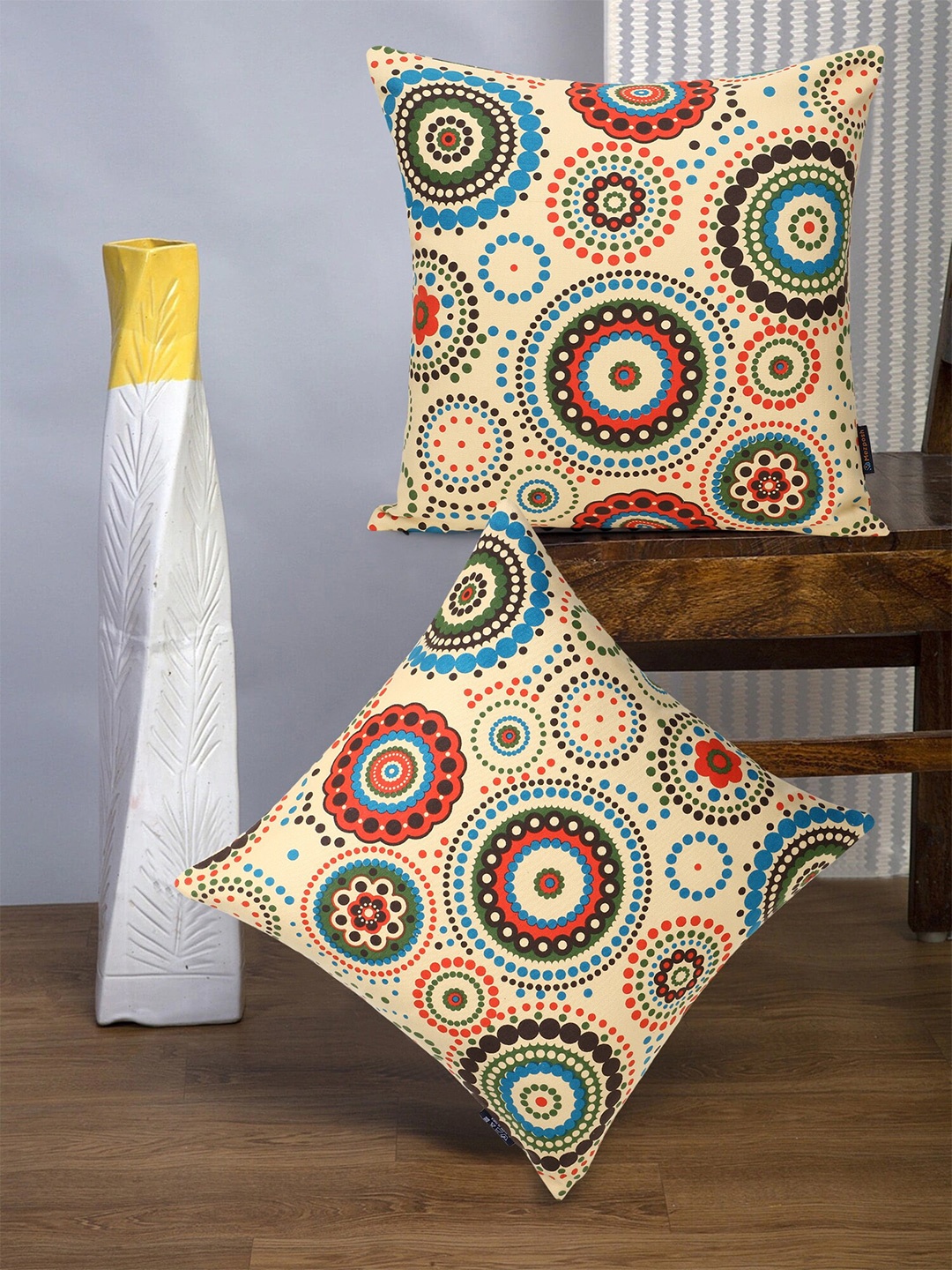 

Mezposh Yellow & Blue Set of 2 Ethnic Motifs Square Cushion Covers