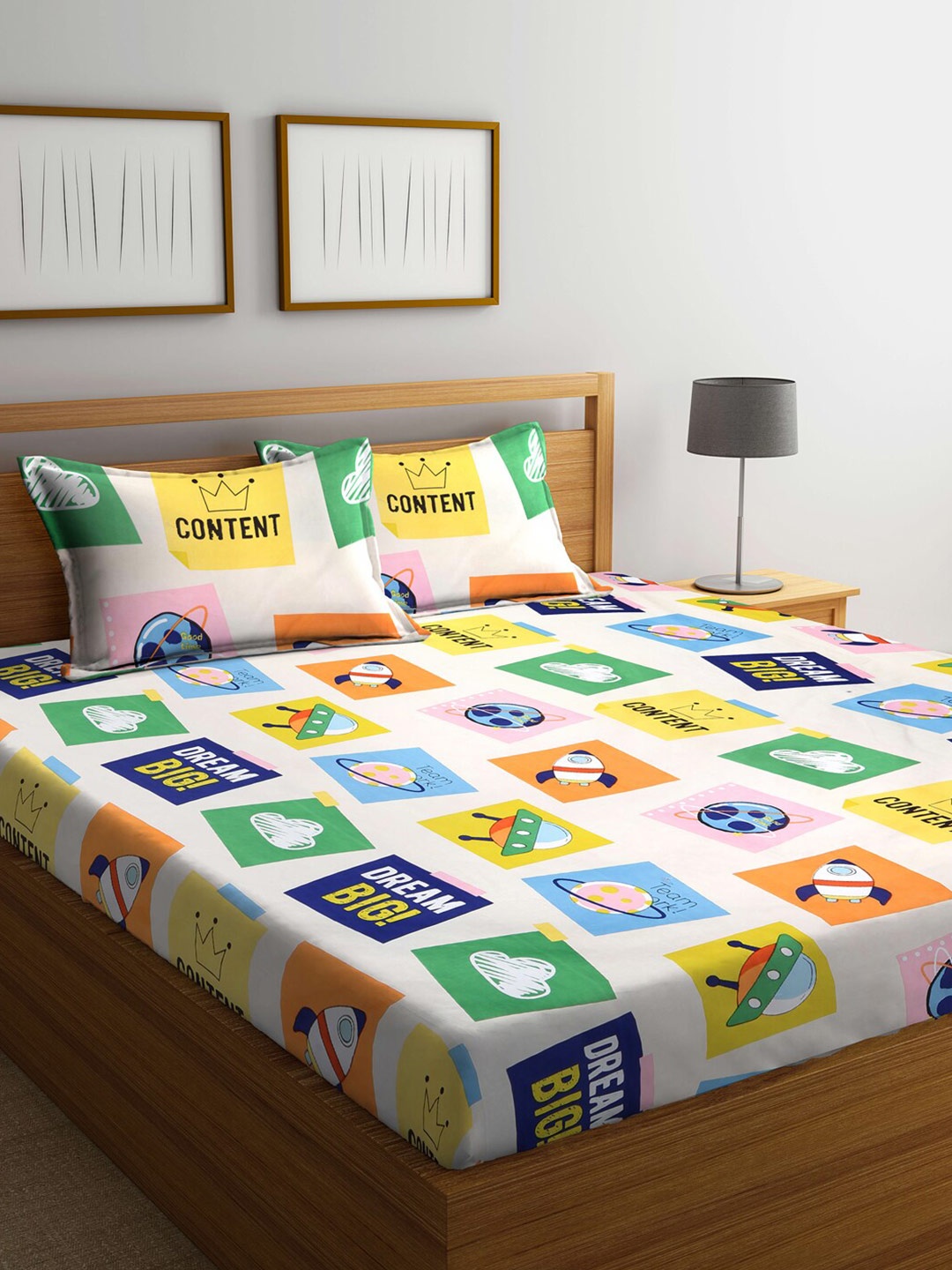

Arrabi Kids White Cartoon Characters 300 TC 1 King Bedsheet With 2 Pillow Covers