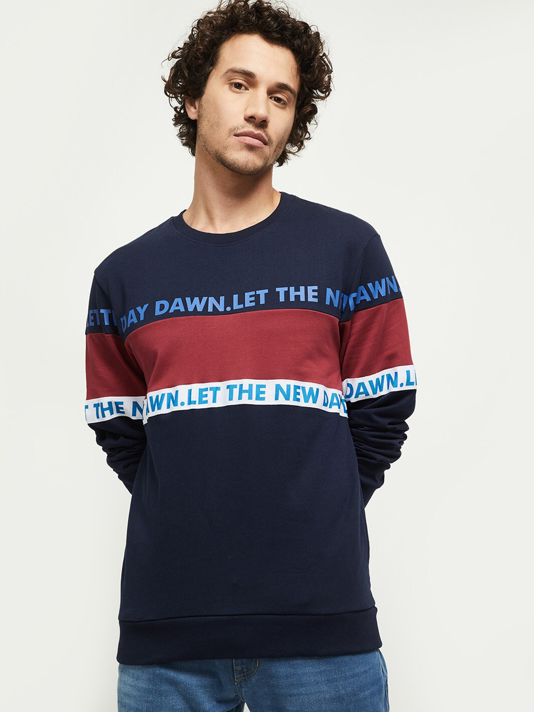 

max Men Navy Blue Striped Sweatshirt