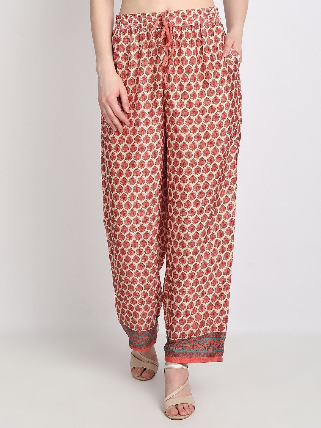 

HOUSE OF KARI Women Red & Beige Ethnic Motifs Printed Knitted Ethnic Palazzos