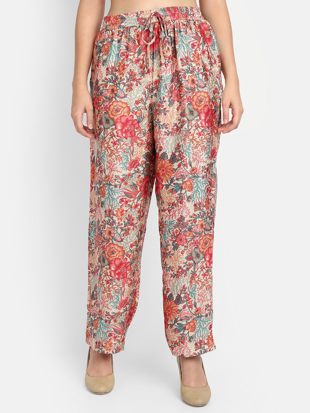 

HOUSE OF KARI Women Cream-Coloured & Red Floral Printed Flared Knitted Palazzos