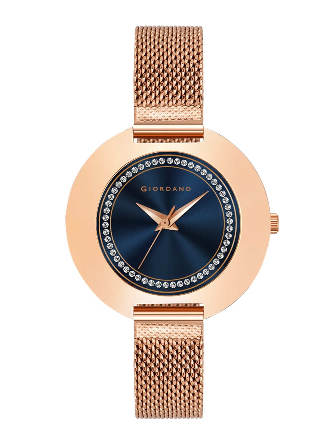 

GIORDANO Women Blue Brass Embellished Dial & Rose Gold Toned Stainless Steel Bracelet Style Straps Analogue Watch