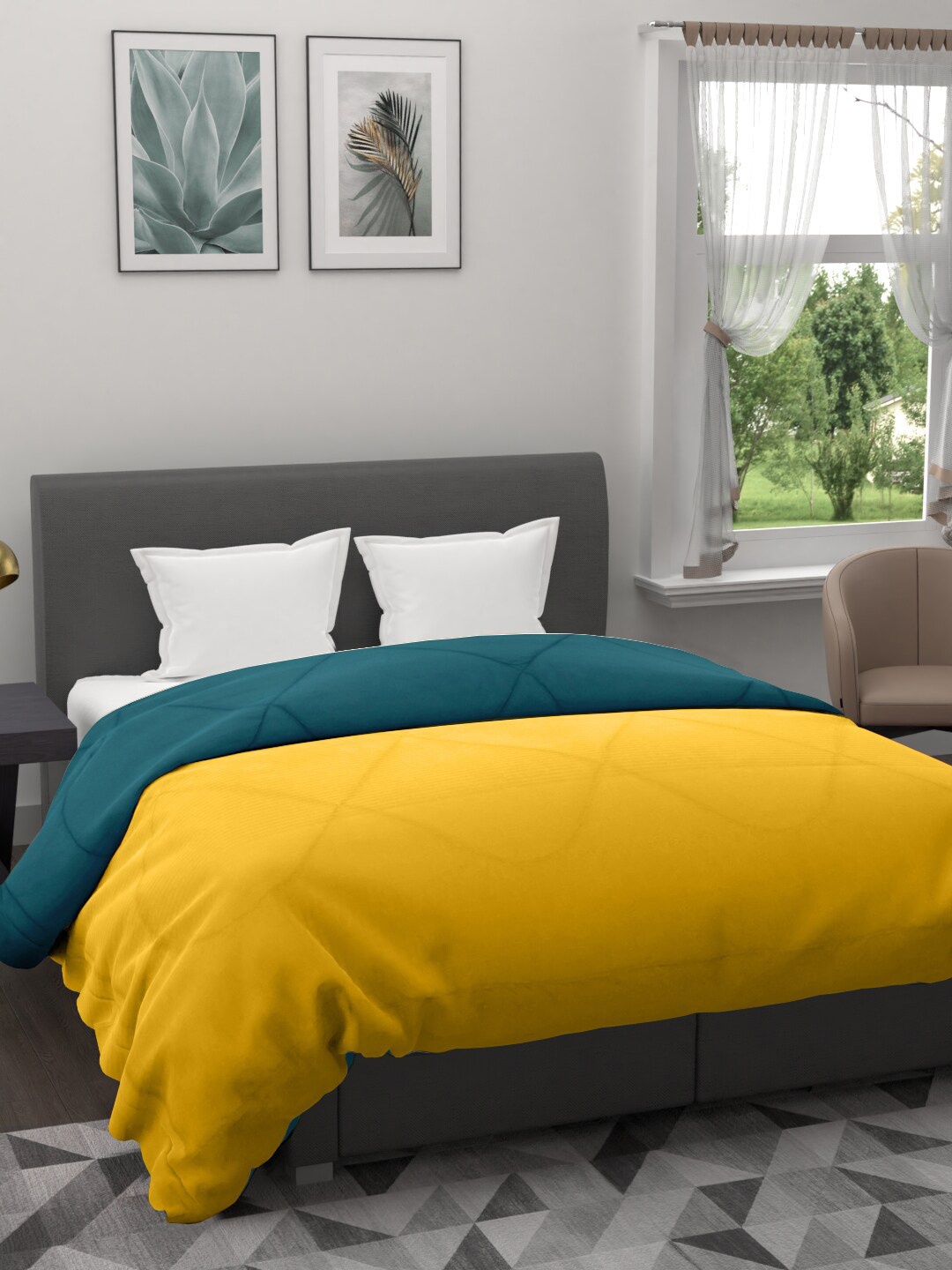 

Clasiko Teal & Mustard Cotton Mild Winter 233 GSM Reversible Double Bed Comforter