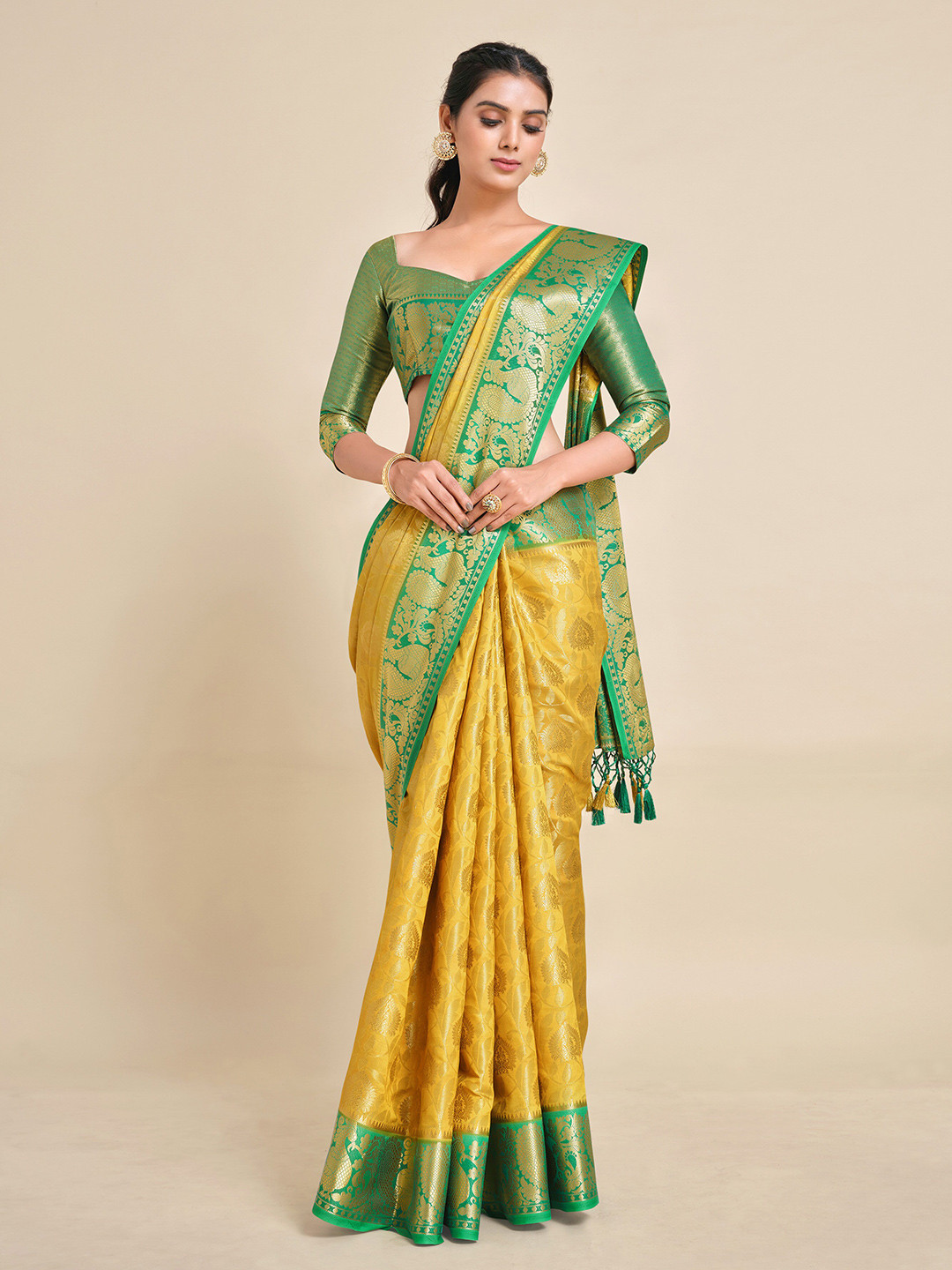 

MIMOSA Yellow & Green Ethnic Motifs Zari Art Silk Kanjeevaram Saree