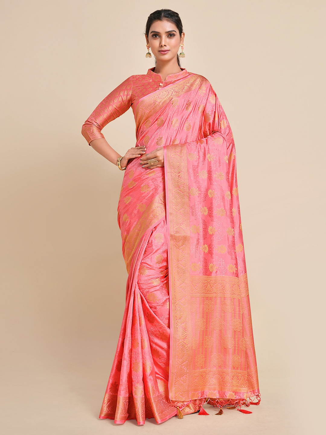 

MIMOSA Pink & Gold-Toned Floral Zari Art Silk Kanjeevaram Saree
