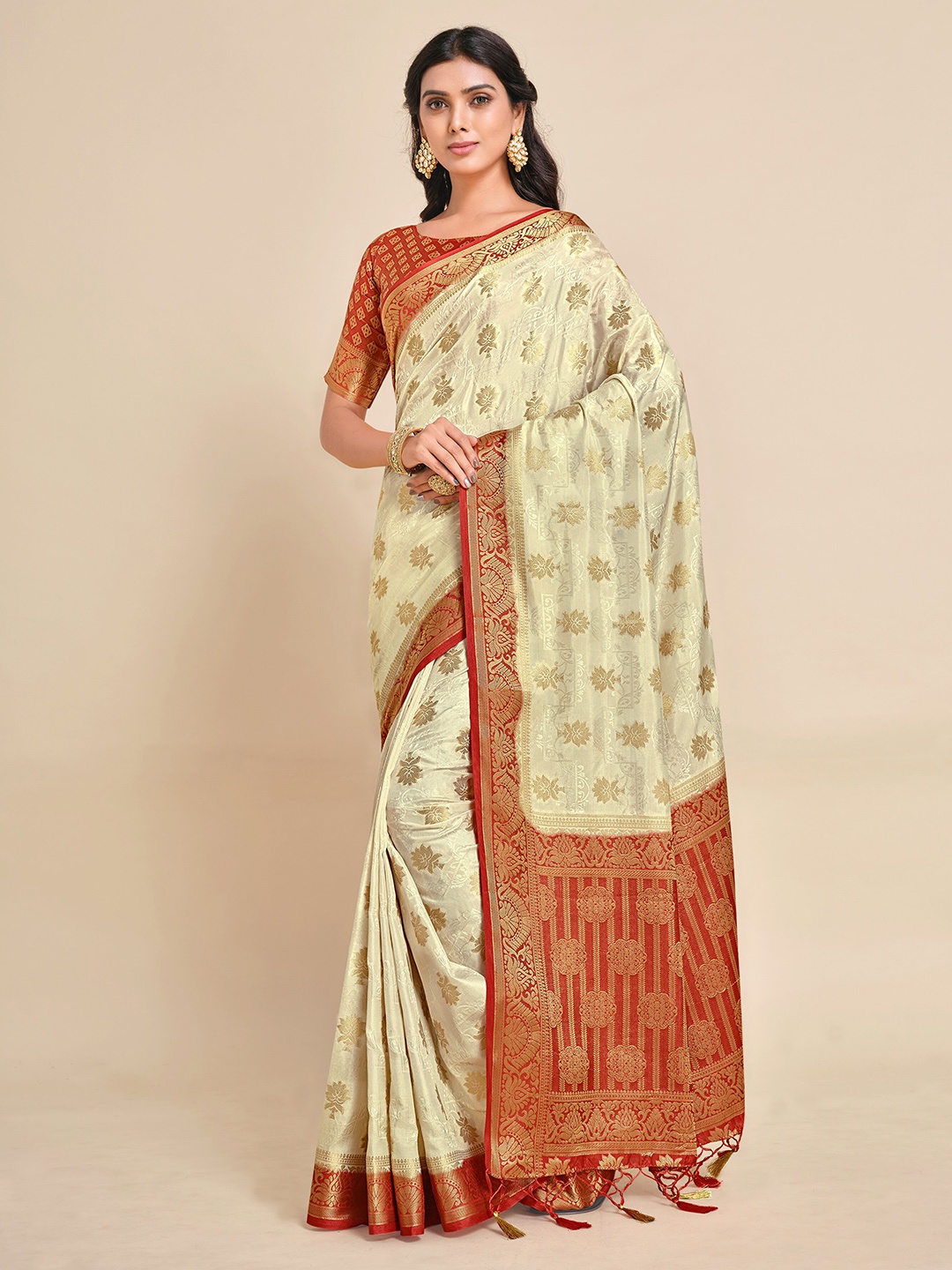 

MIMOSA Beige & Maroon Floral Zari Art Silk Kanjeevaram Saree