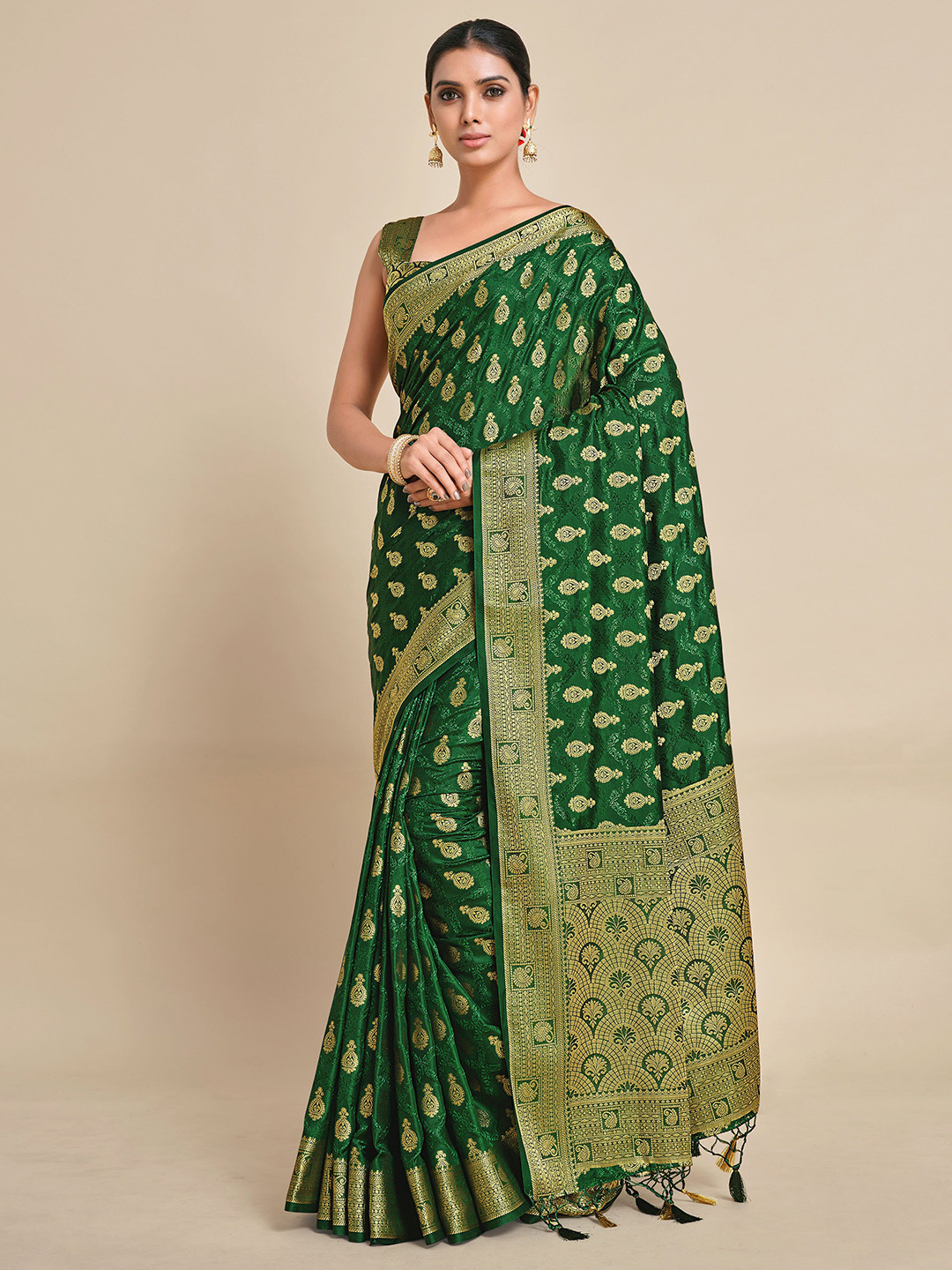 

MIMOSA Green & Gold-Toned Ethnic Motifs Art Silk Kanjeevaram Saree