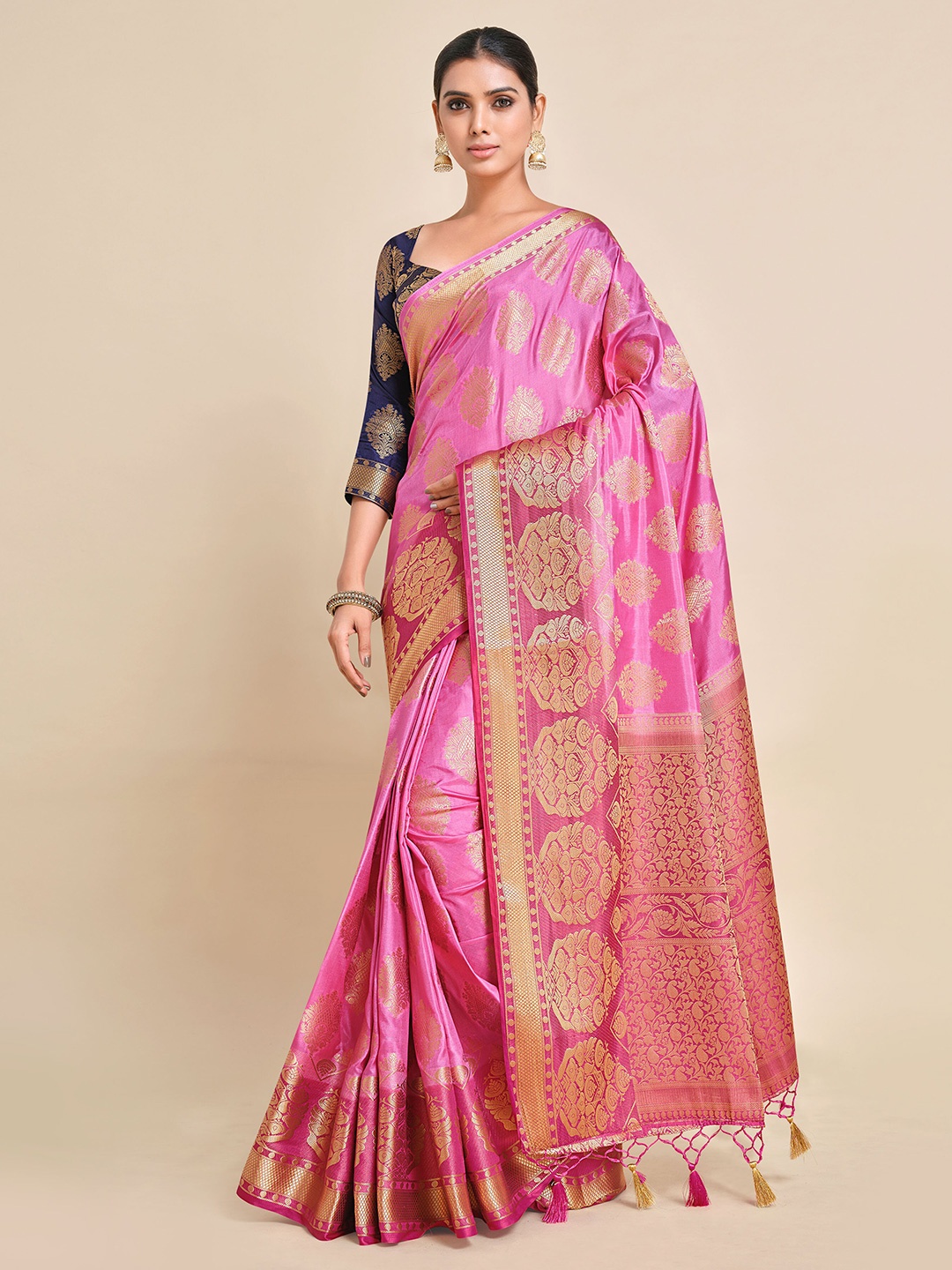 

Mimosa Women Pink & Gold Toned Ethnic Motifs Design Kanjeevaram Saree