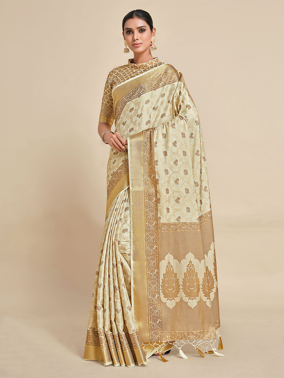 

MIMOSA Beige & Gold-Coloured Ethnic Motifs Zari Art Silk Kanjeevaram Saree