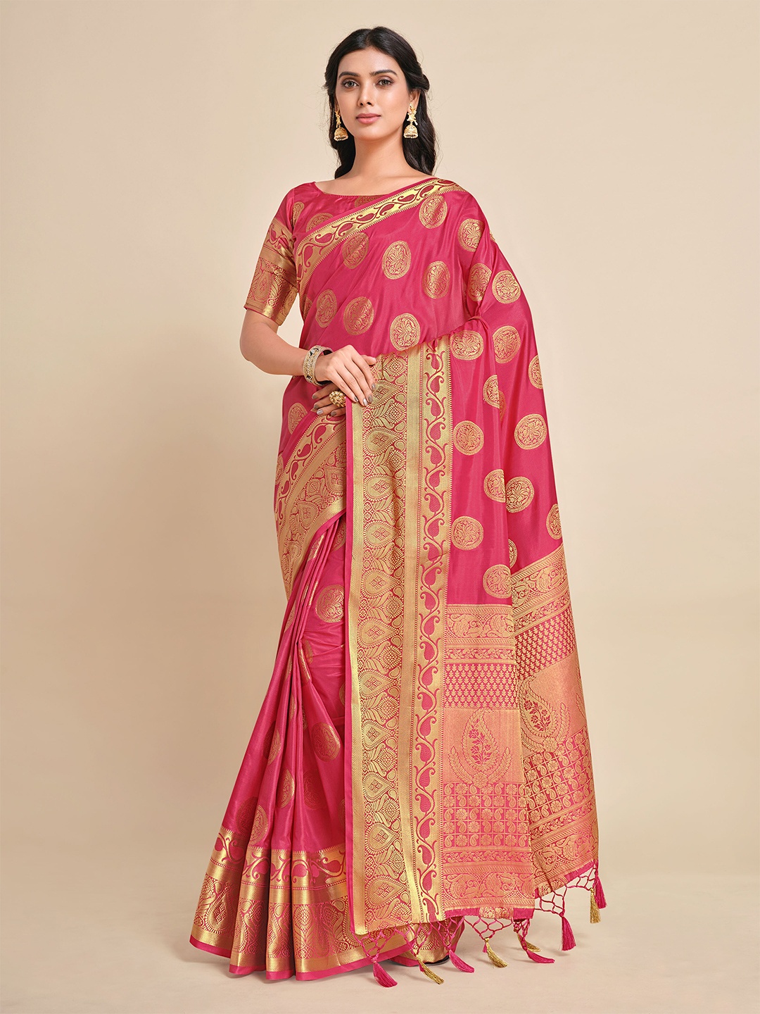 

MIMOSA Pink & Gold Ethnic Motifs Zari Art Silk Kanjeevaram Saree
