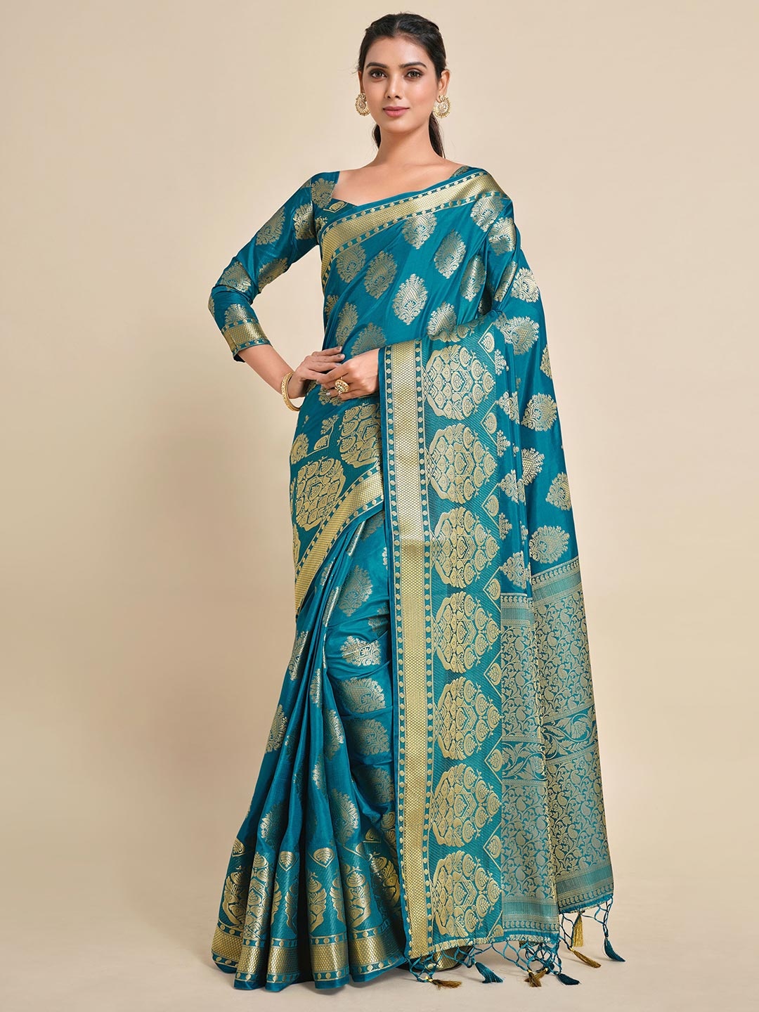 

MIMOSA Teal Blue & Gold-Toned Ethnic Motifs Zari Art Silk Kanjeevaram Saree