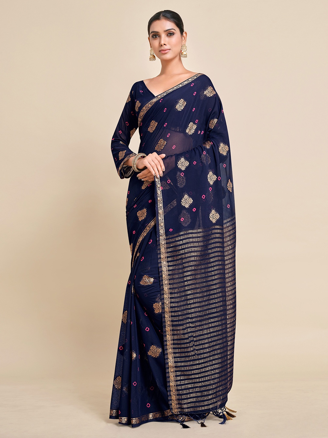 

MIMOSA Navy Blue & Gold-Coloured Bandhani Printed Zari Banarasi Saree