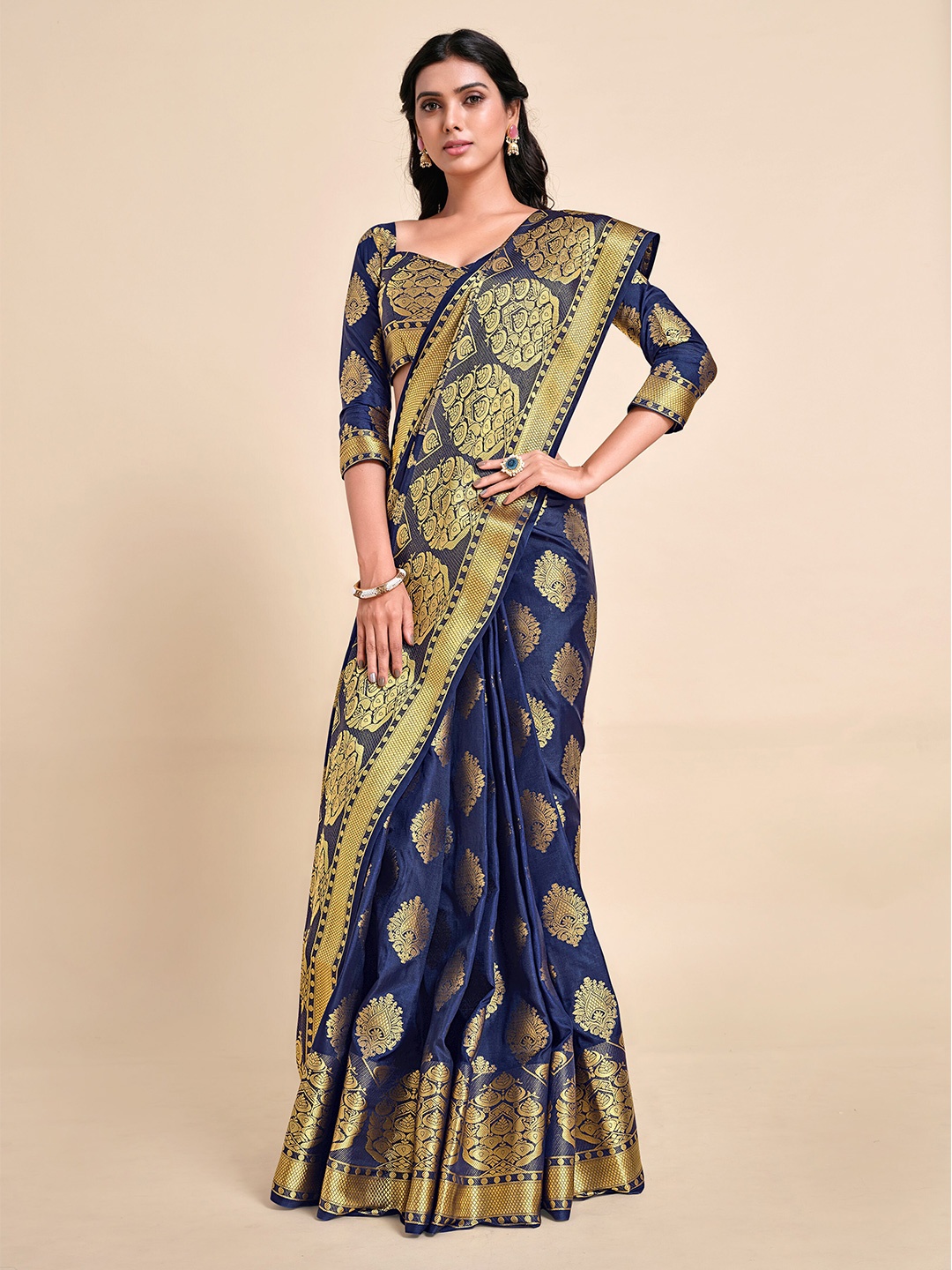 

MIMOSA Navy Blue Woven Design Kanjeevaram Saree
