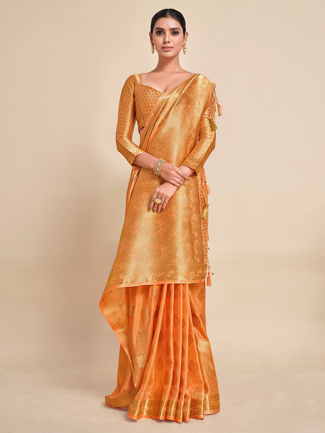 

MIMOSA Orange & Gold-Toned Paisley Zari Mysore Silk Saree