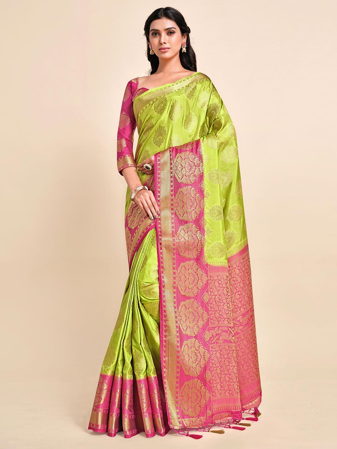 MIMOSA Lime Green Woven Design Kanjeevaram Saree