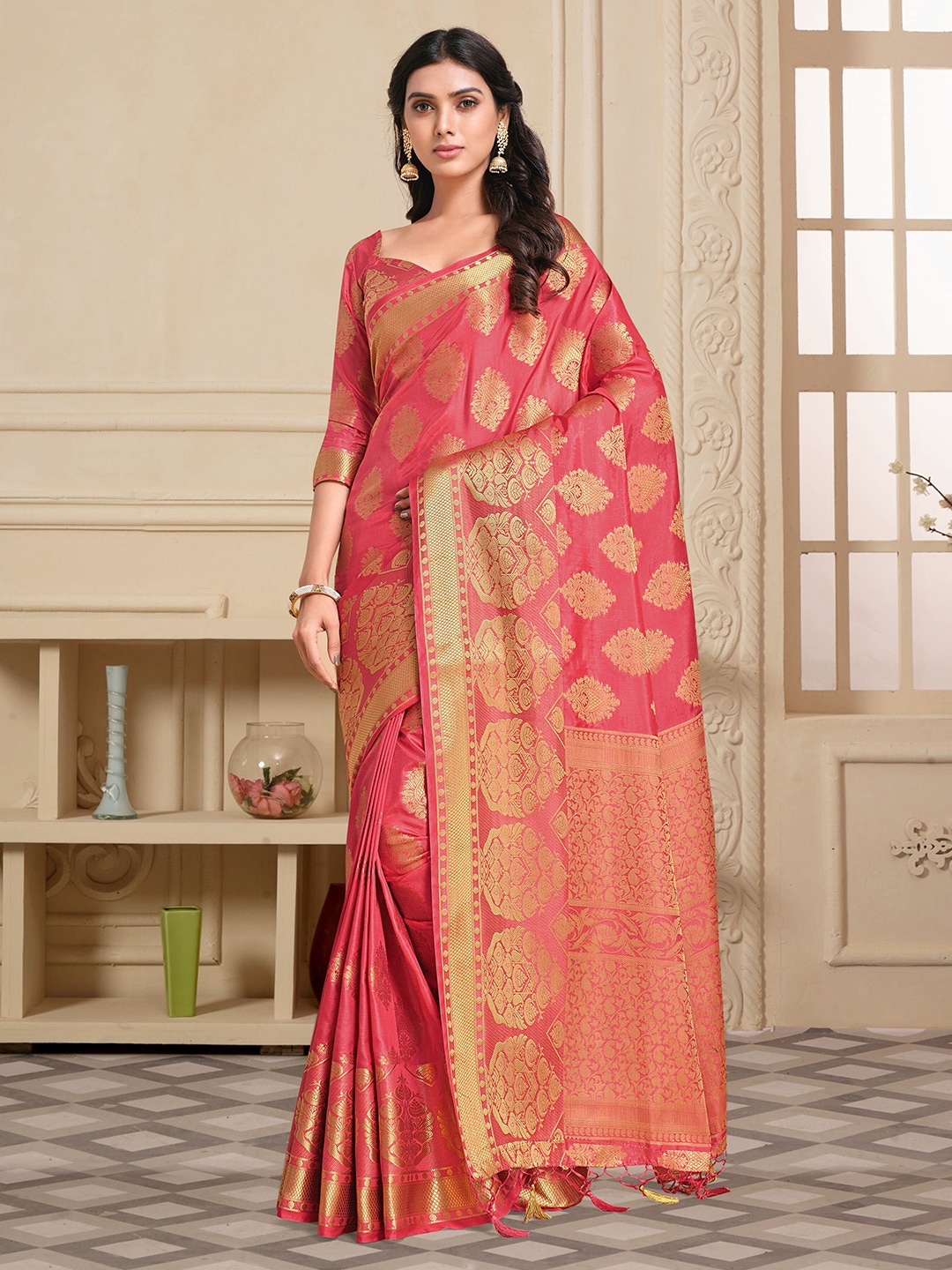 

MIMOSA Pink & Gold-Toned Ethnic Motifs Art Silk Kanjeevaram Saree