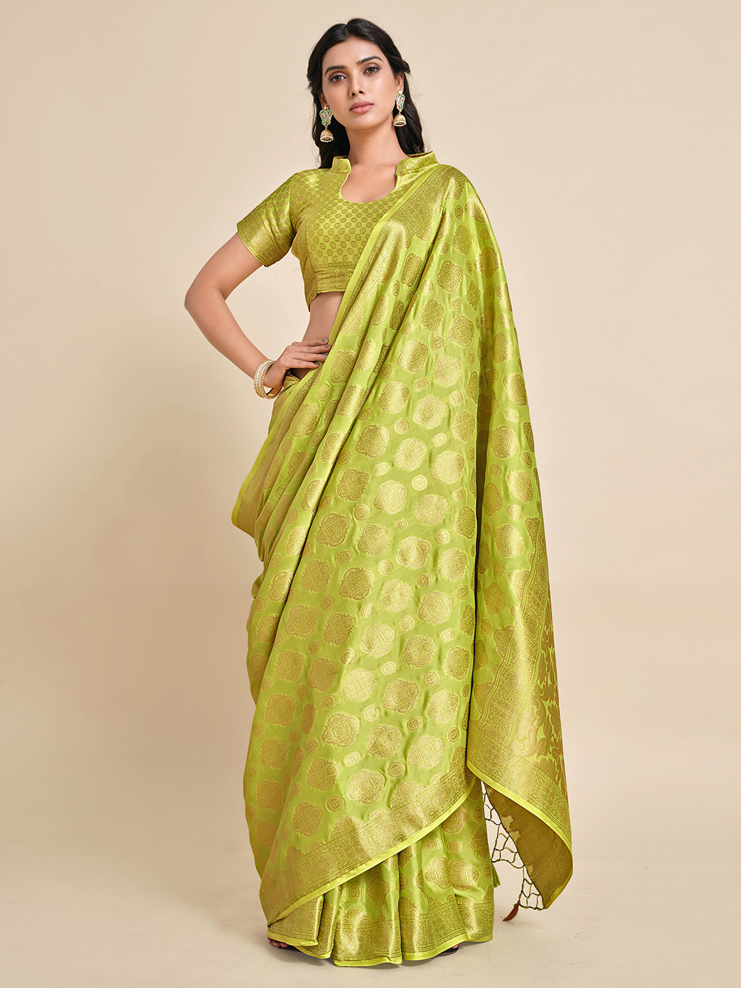 

MIMOSA Lime Green & Gold-Toned Ethnic Motifs Zari Mysore Silk Saree