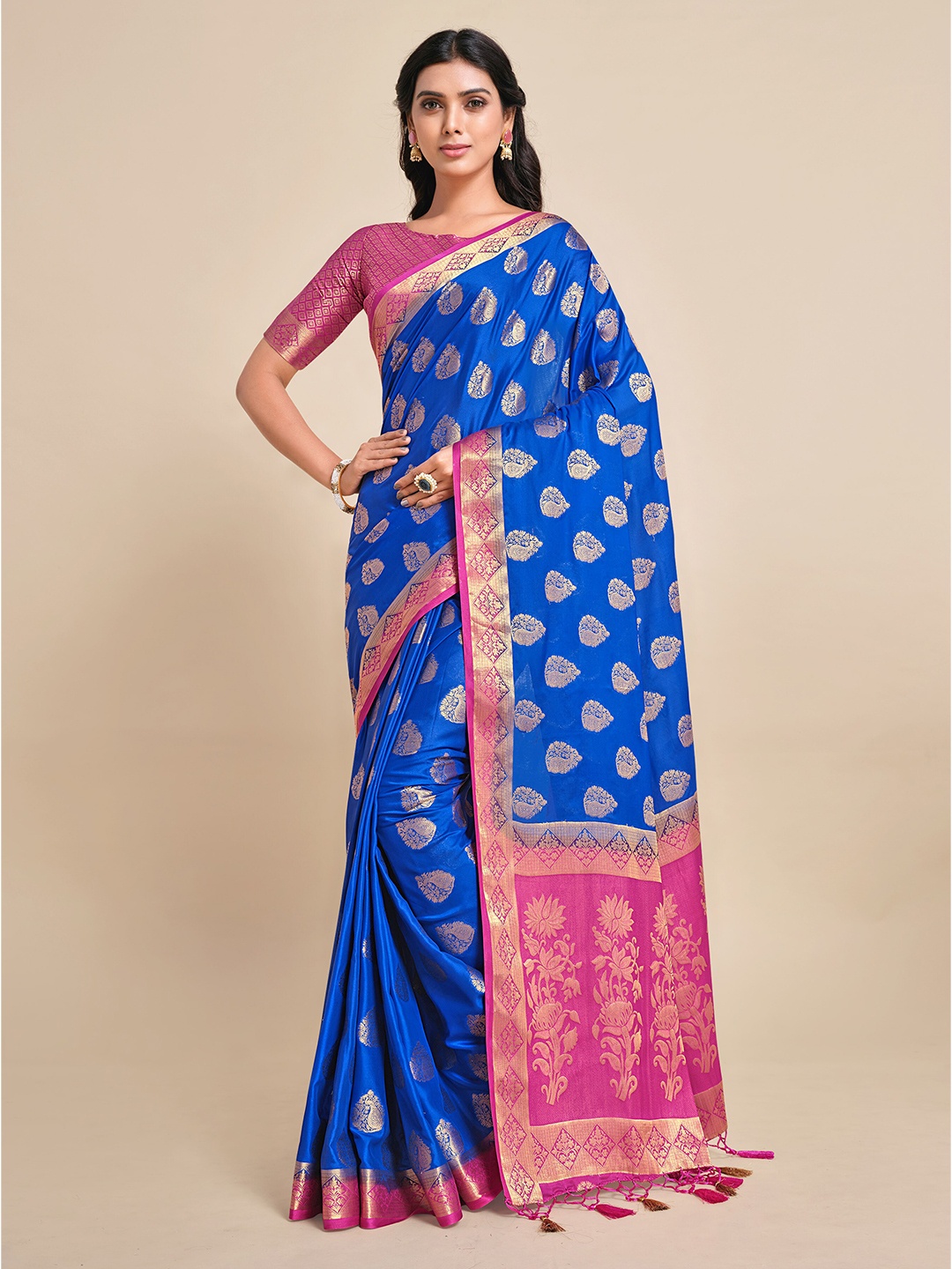MIMOSA Blue & Magenta Floral Zari Mysore Silk Saree