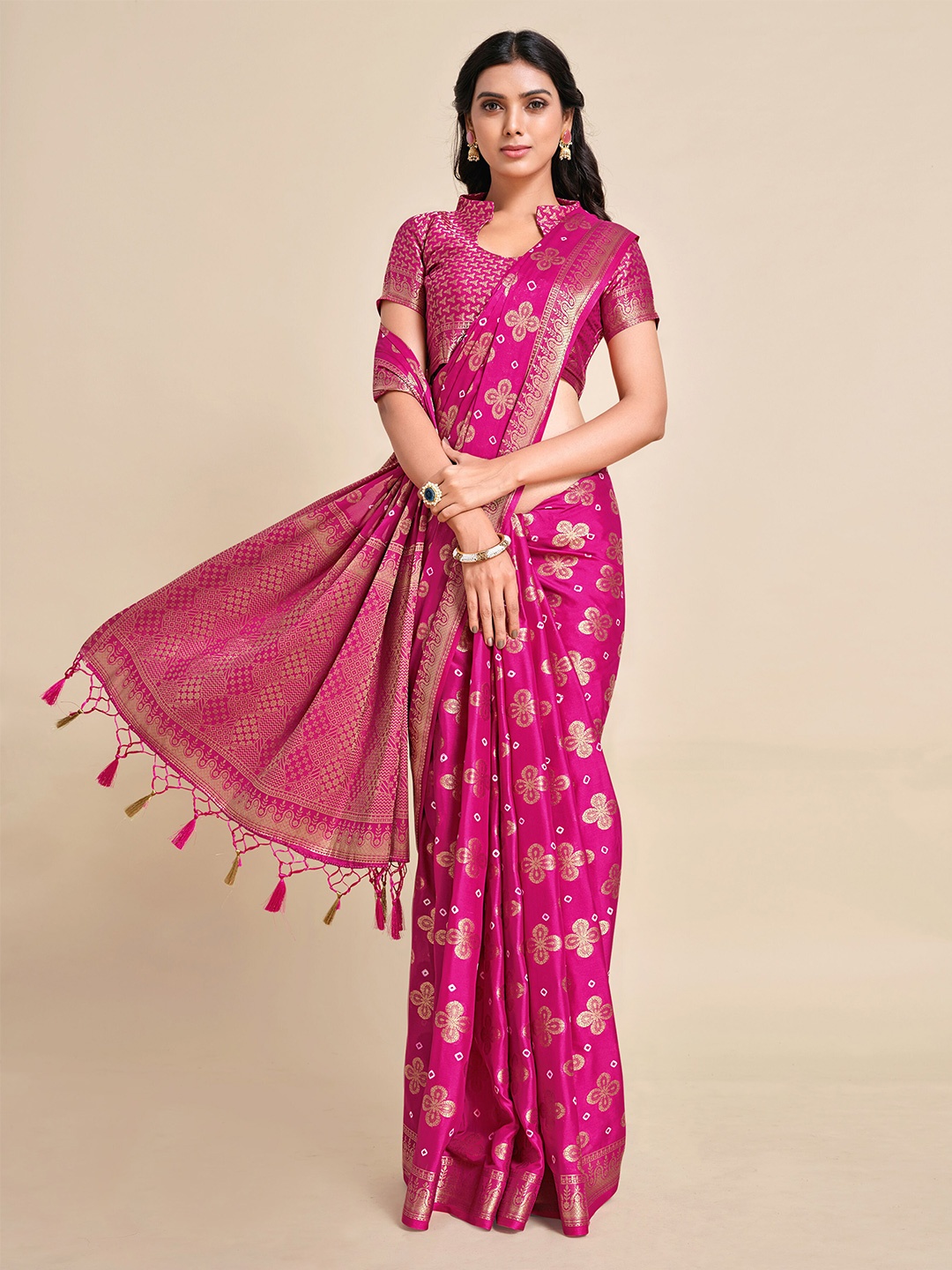 

MIMOSA Pink & Gold Ethnic Motifs Zari Mysore Silk Saree