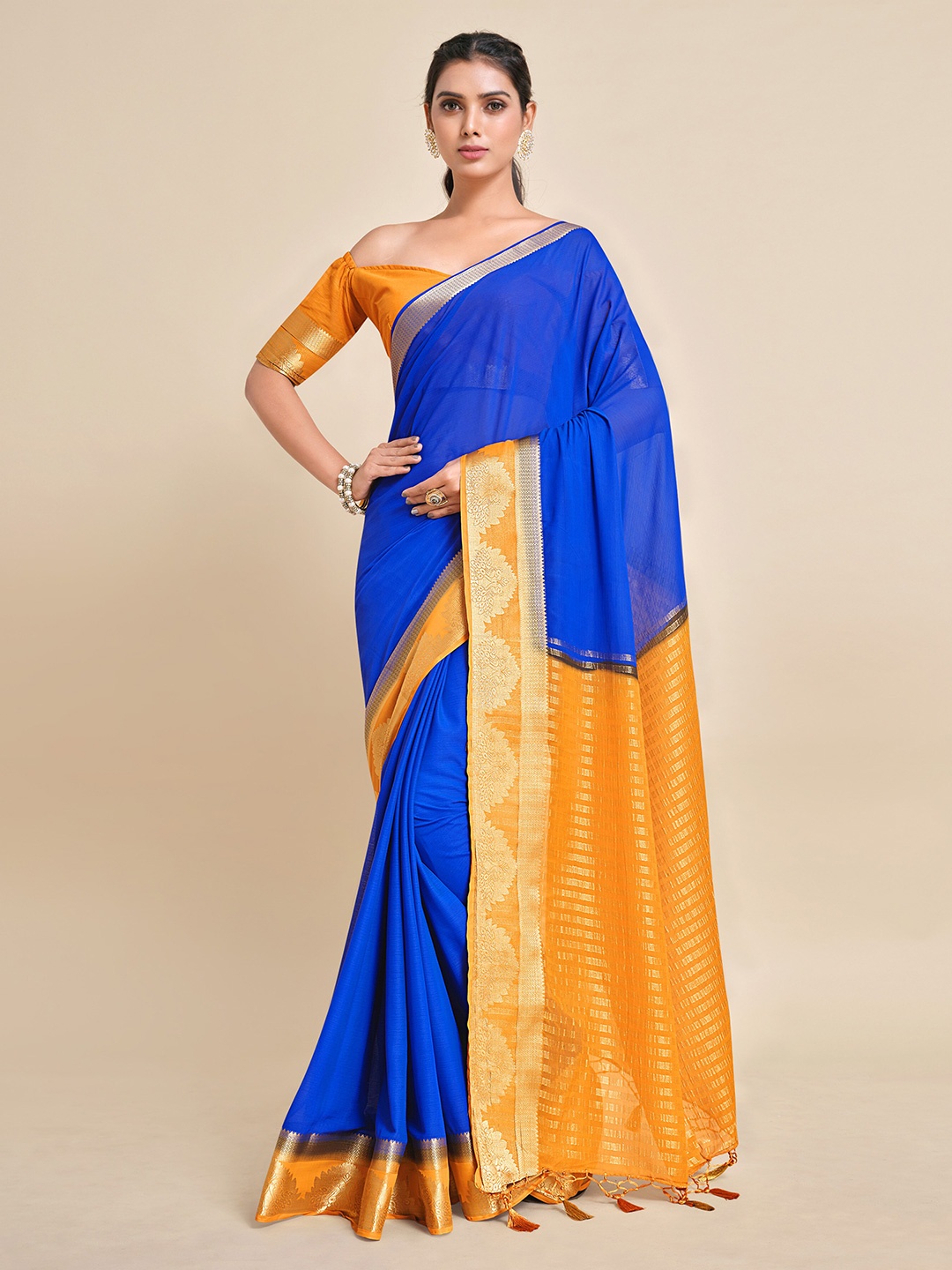 

MIMOSA Blue & Orange Solid Banarasi Saree
