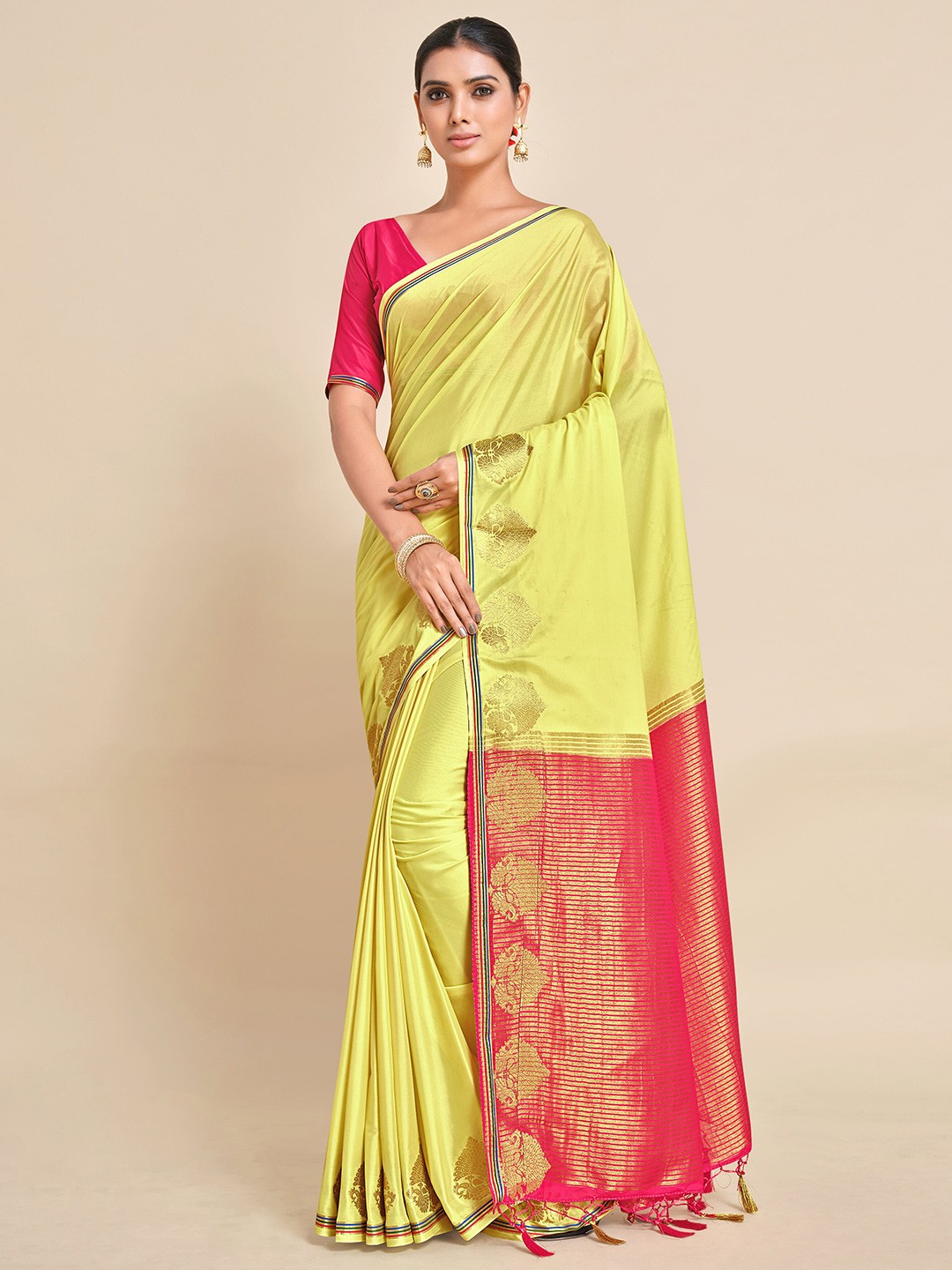 

MIMOSA Yellow & Fuchsia Ethnic Motifs Zari Mysore Silk Saree