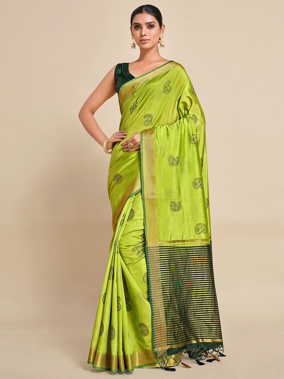

MIMOSA Lime Green & Gold-Toned Paisley Zari Art Silk Kanjeevaram Saree