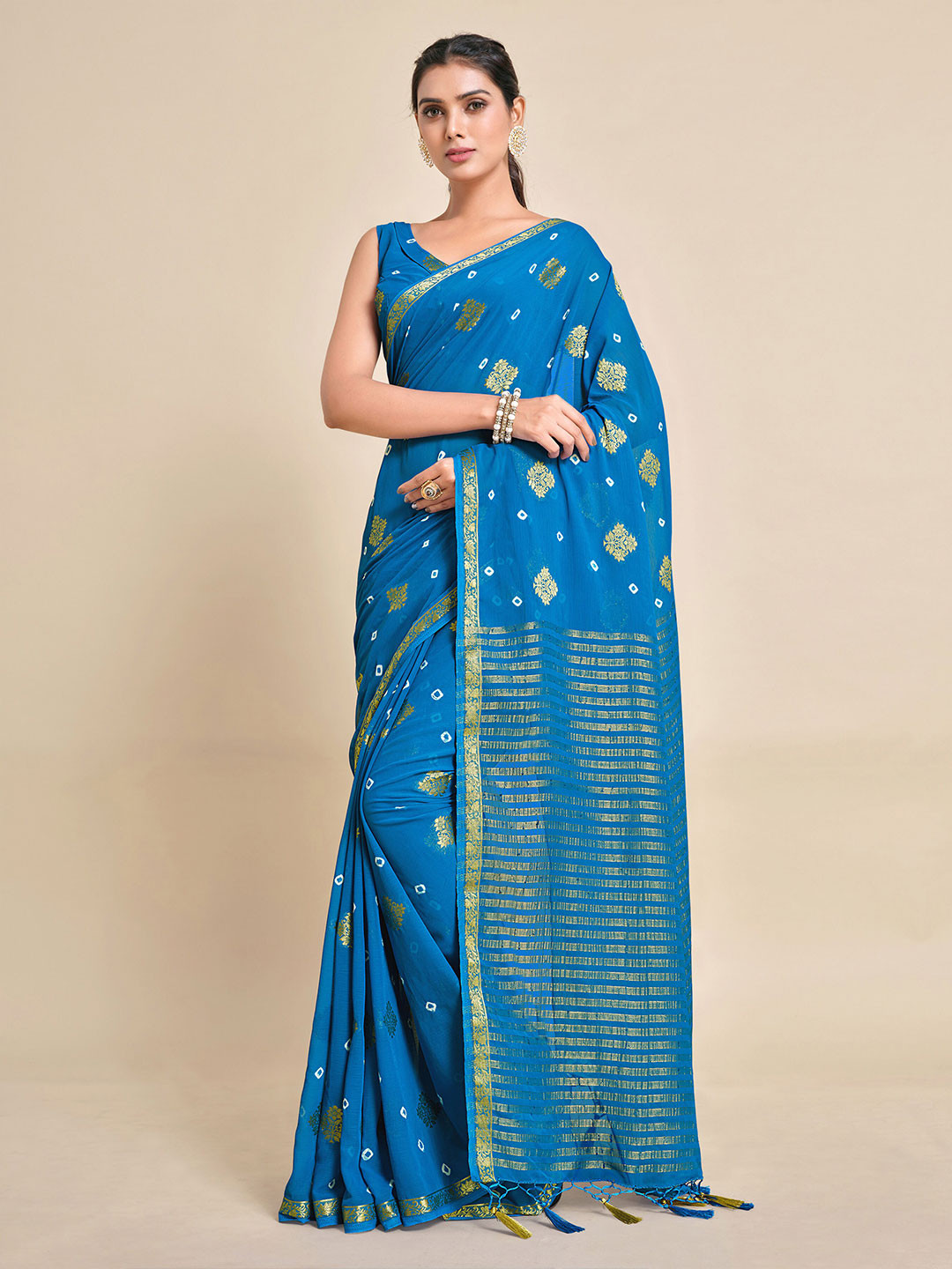 

MIMOSA Teal & Gold-Toned Woven Design Zari Banarasi Saree