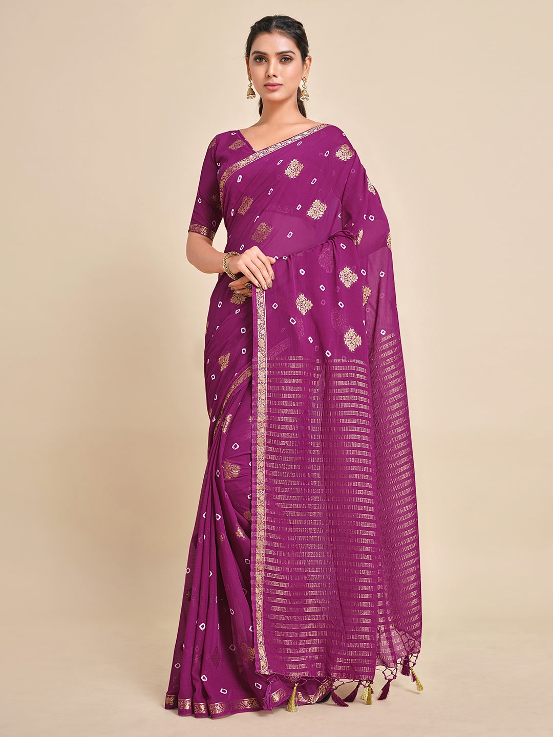 

MIMOSA Purple & Gold-Toned Ethnic Motifs Zari Banarasi Saree