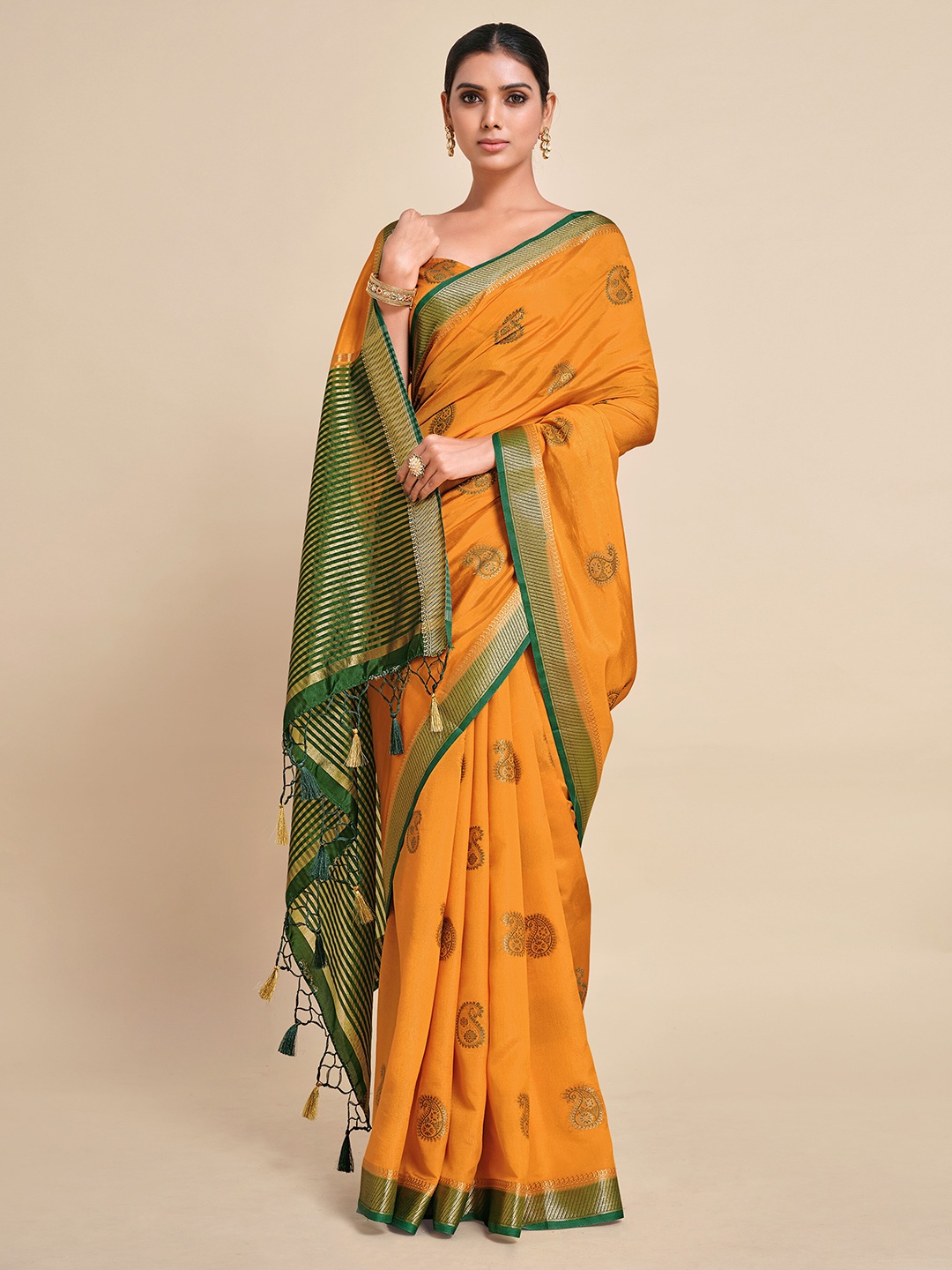 

MIMOSA Orange & Green Paisley Zari Art Silk Kanjeevaram Saree