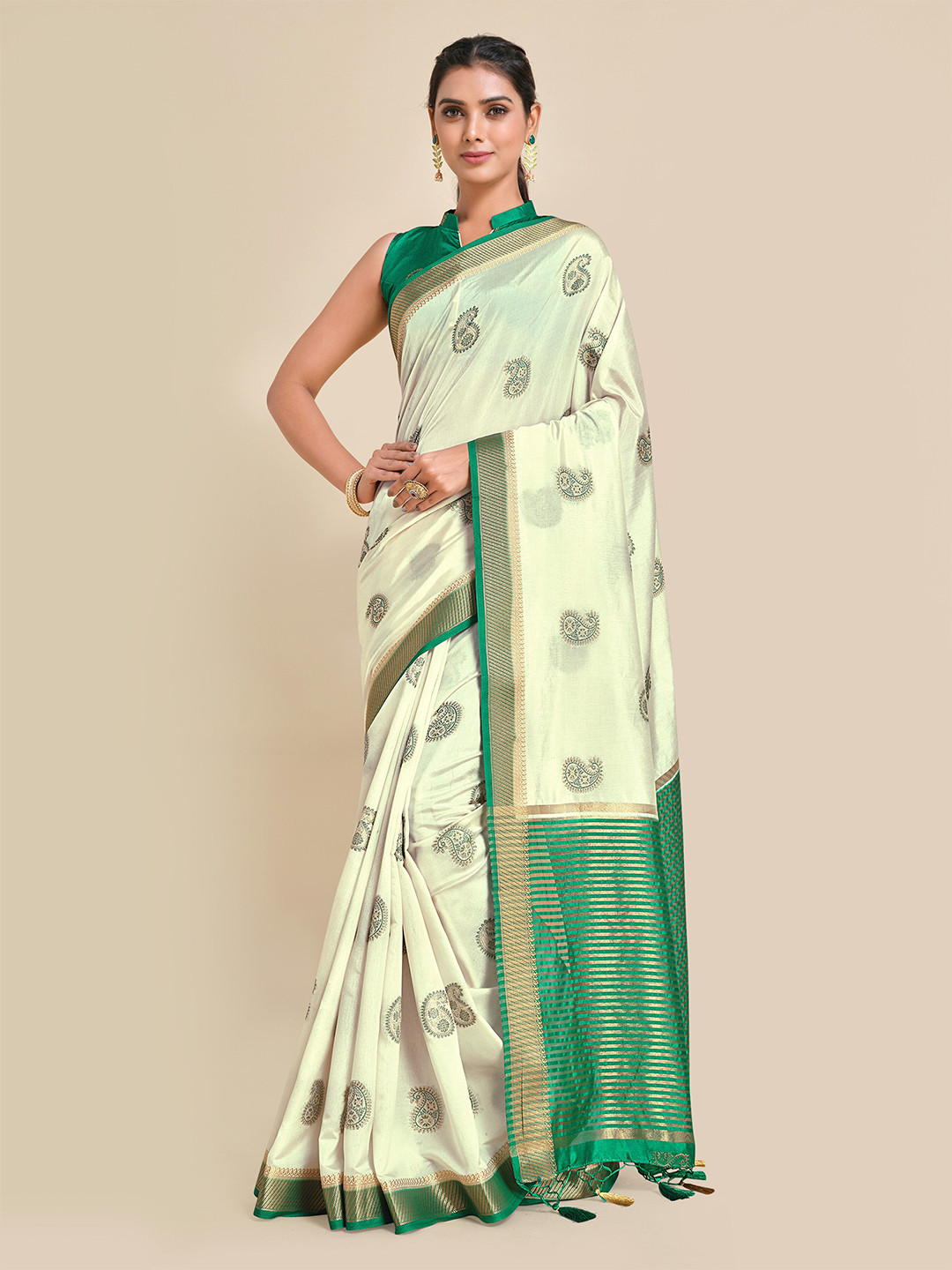 

MIMOSA Beige & Green Paisley Zari Art Silk Kanjeevaram Saree
