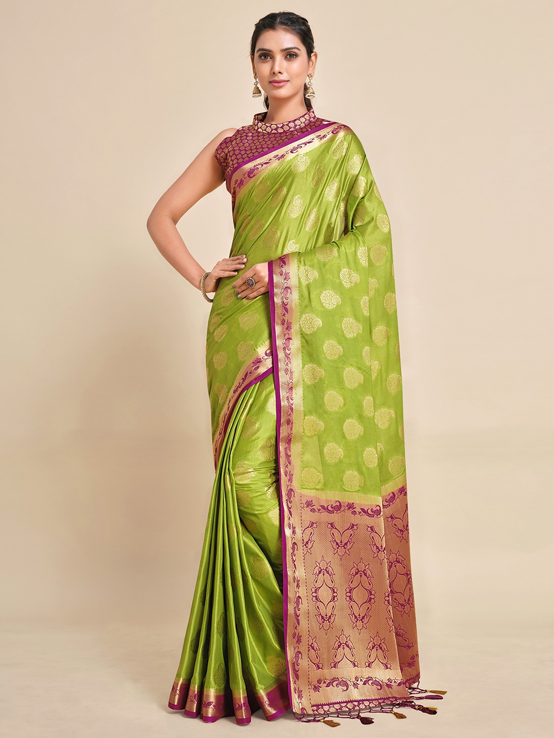 

MIMOSA Olive Green & Maroon Paisley Zari Mysore Silk Saree