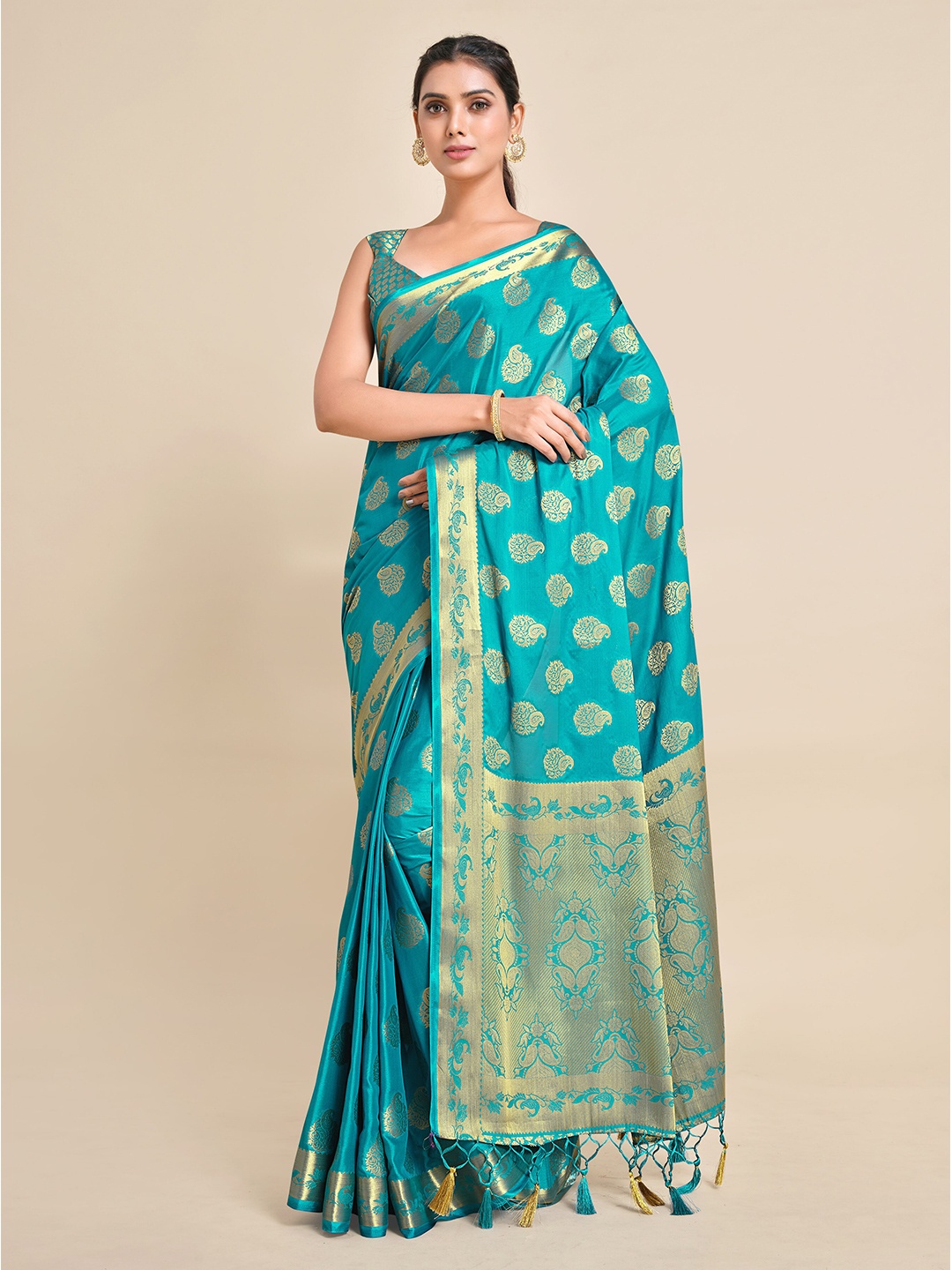 

MIMOSA Turquoise Blue & Gold-Toned Paisley Zari Mysore Silk Saree