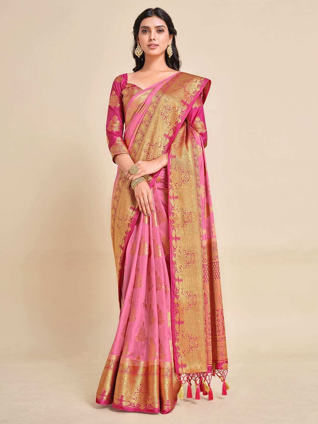 

MIMOSA Pink & Gold-Toned Ethnic Motifs Zari Art Silk Kanjeevaram Saree