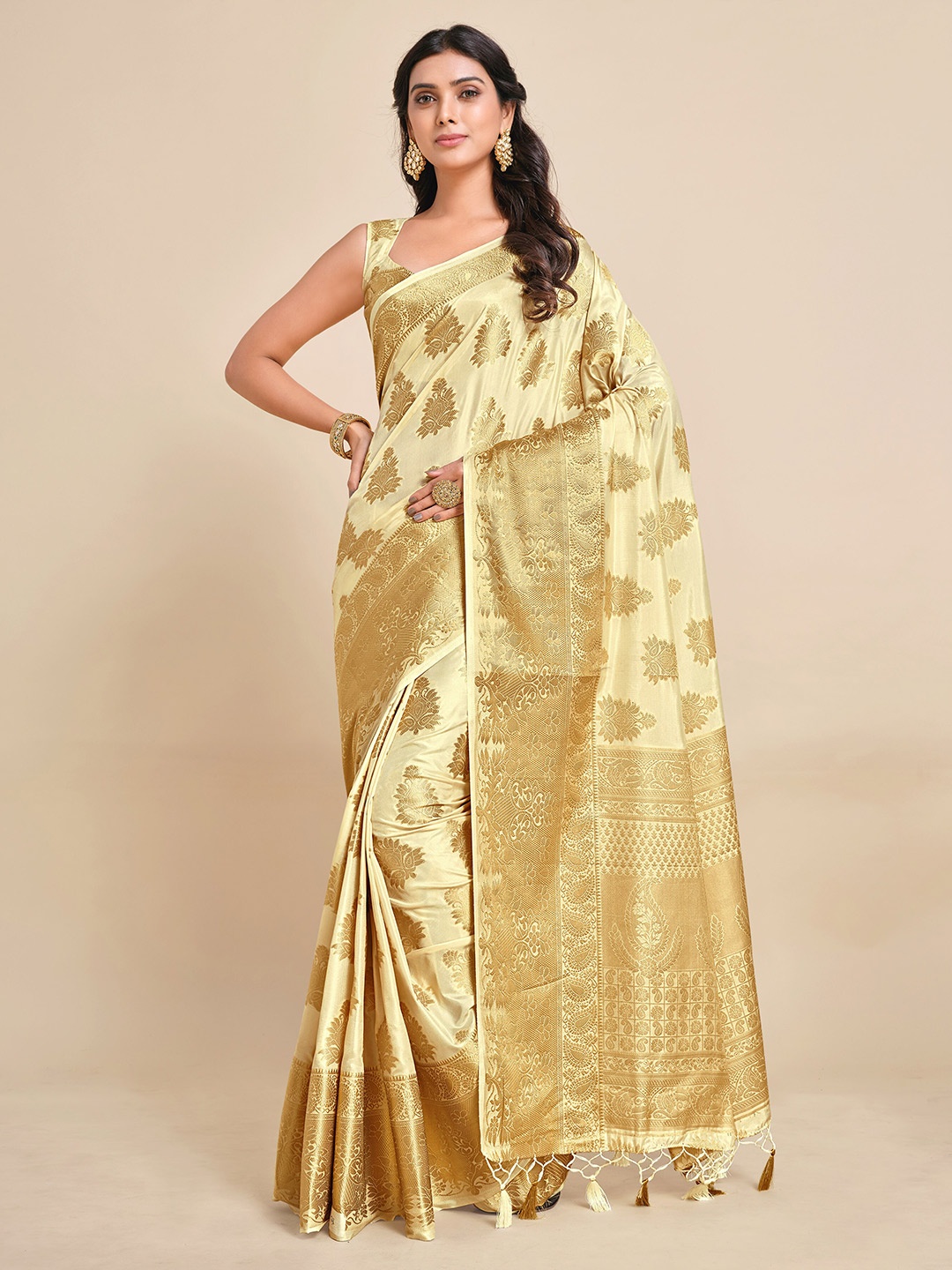 

MIMOSA Beige & Gold-Toned Floral Zari Art Silk Kanjeevaram Saree
