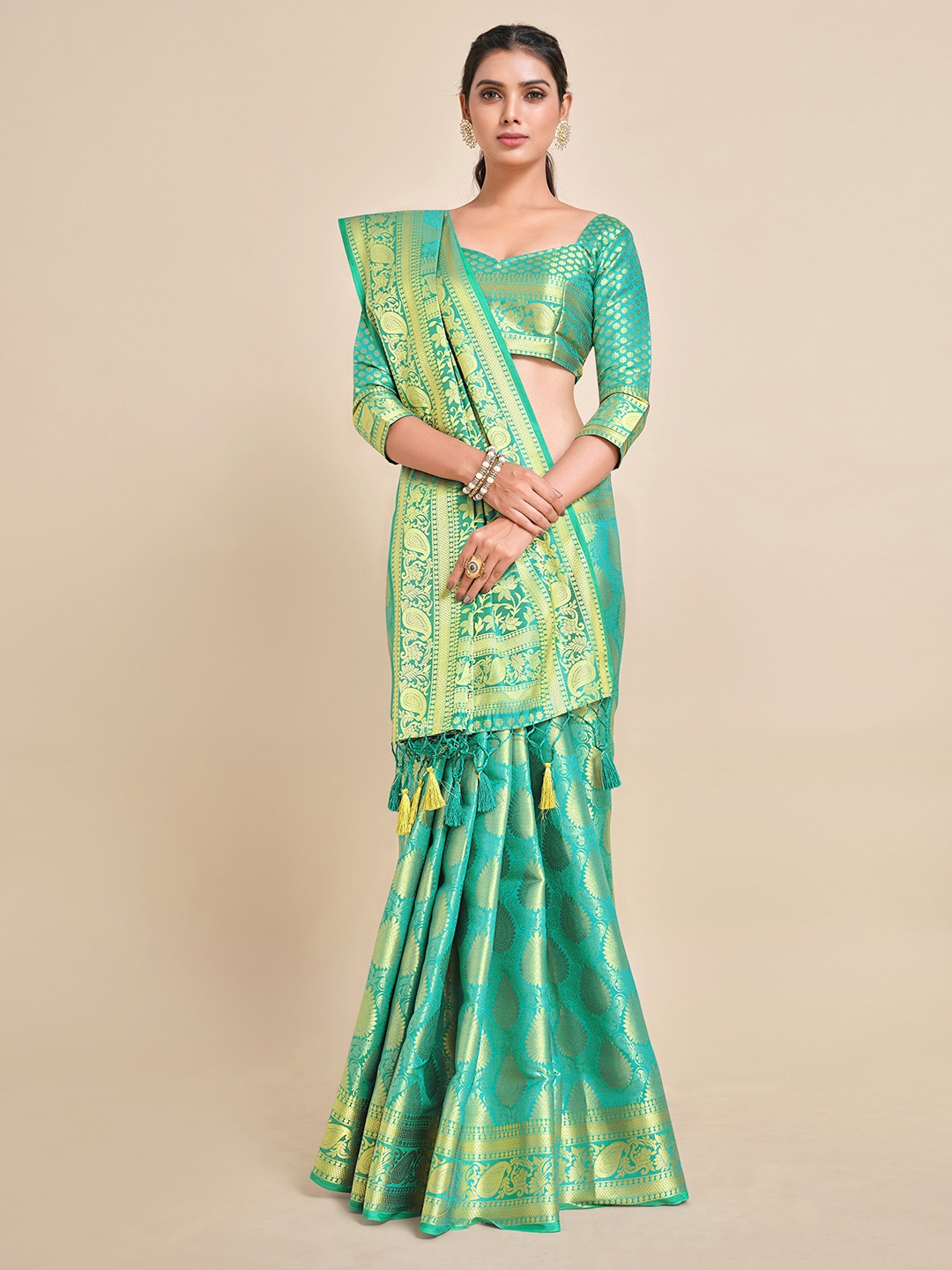 

MIMOSA Turquoise Blue & Gold-Toned Floral Zari Art Silk Kanjeevaram Saree