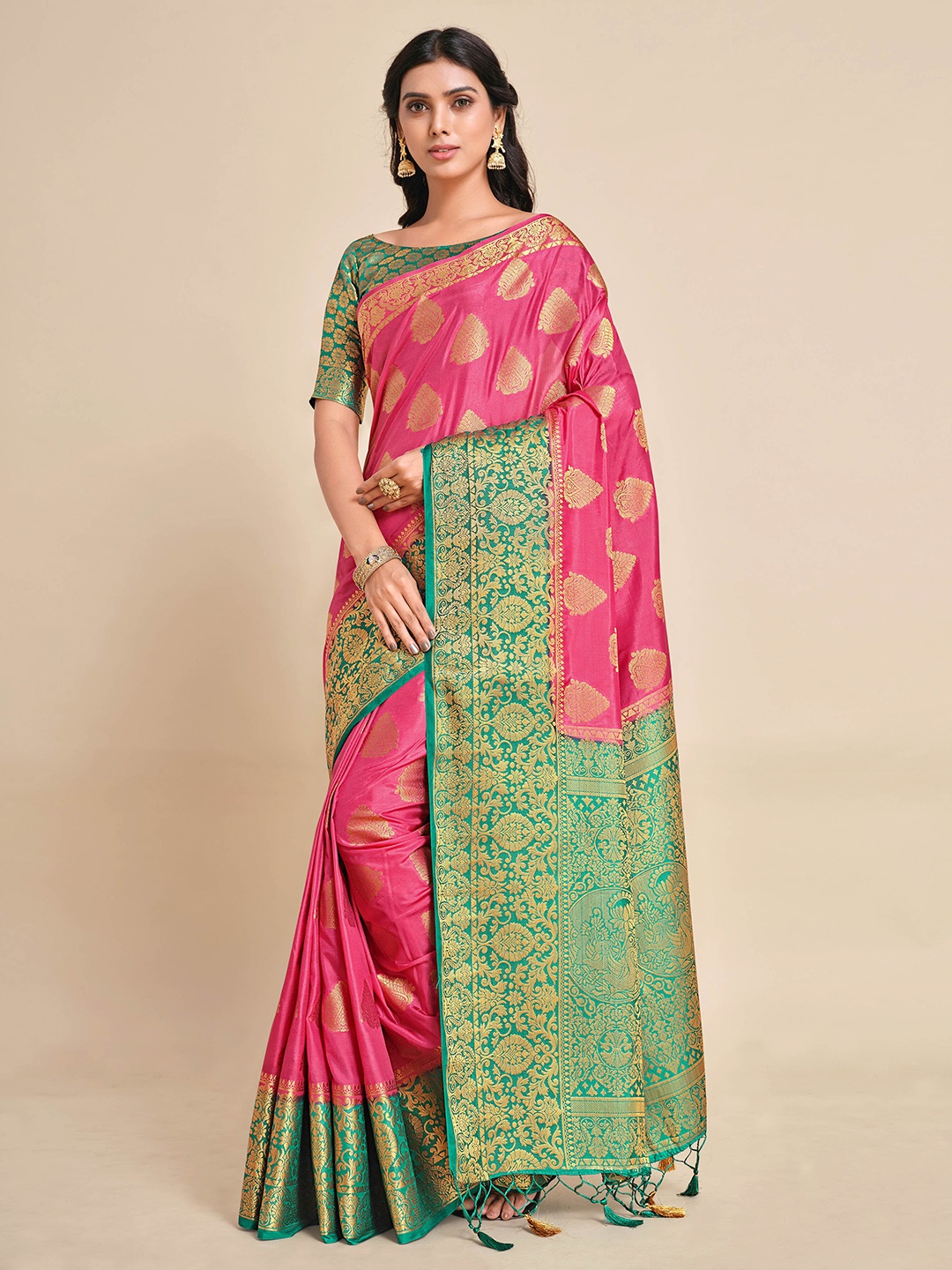 

MIMOSA Pink & Green Ethnic Motifs Art Silk Kanjeevaram Saree