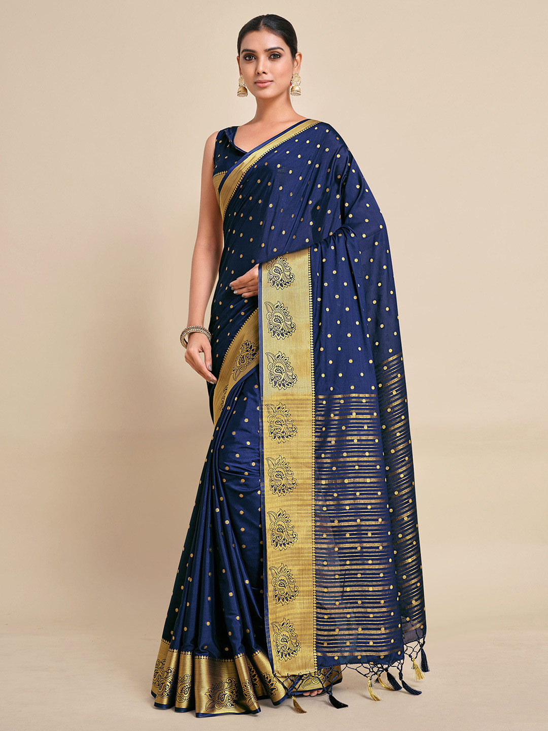

MIMOSA Navy Blue & Gold-Toned Mysore Silk Saree