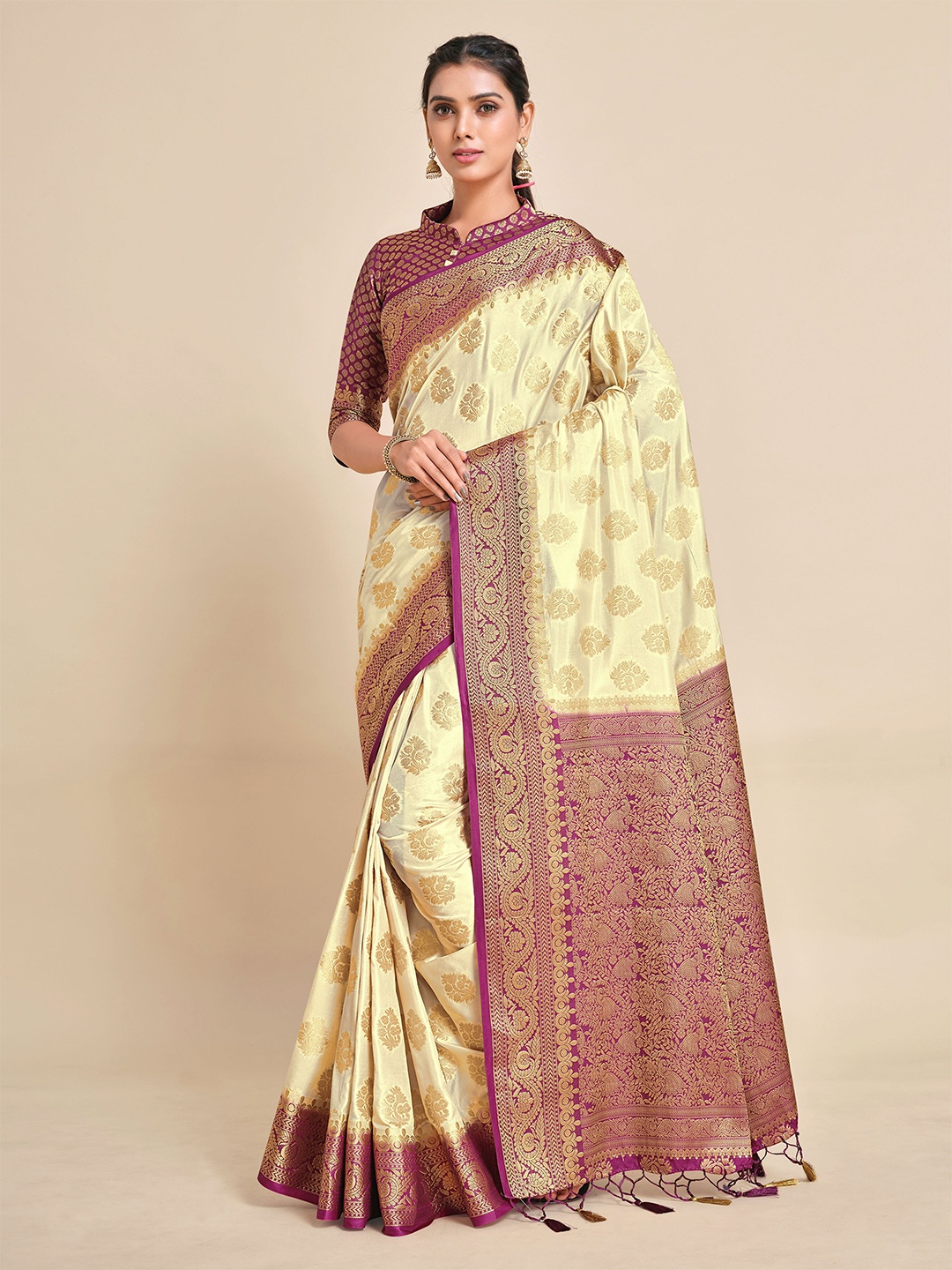 

MIMOSA Beige & Gold-Toned Floral Zari Art Silk Kanjeevaram Saree