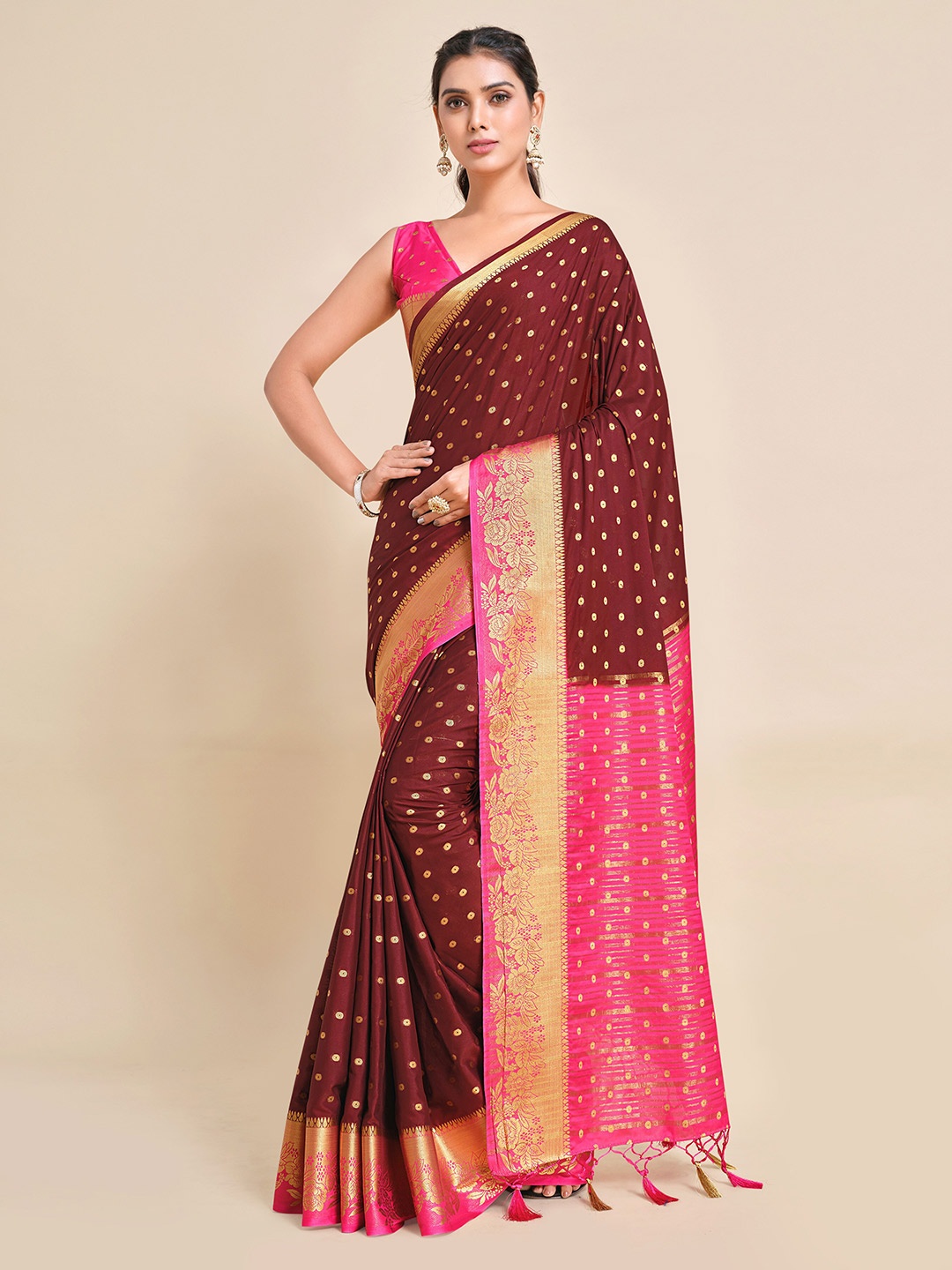 

MIMOSA Maroon & Pink Ethnic Motifs Zari Mysore Silk Saree