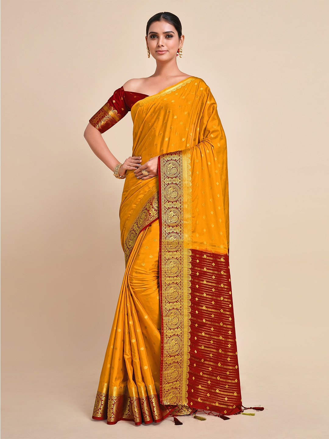 

MIMOSA Mustard & Maroon Zari Mysore Silk Saree