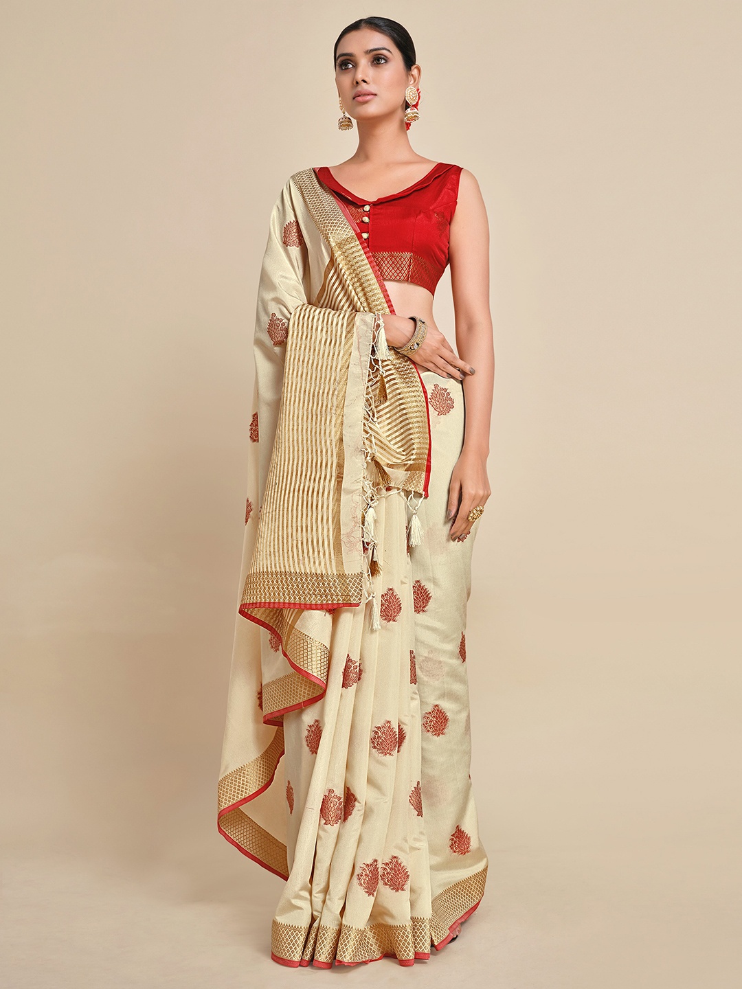 

MIMOSA Beige & Maroon Floral Zari Art Silk Kanjeevaram Saree