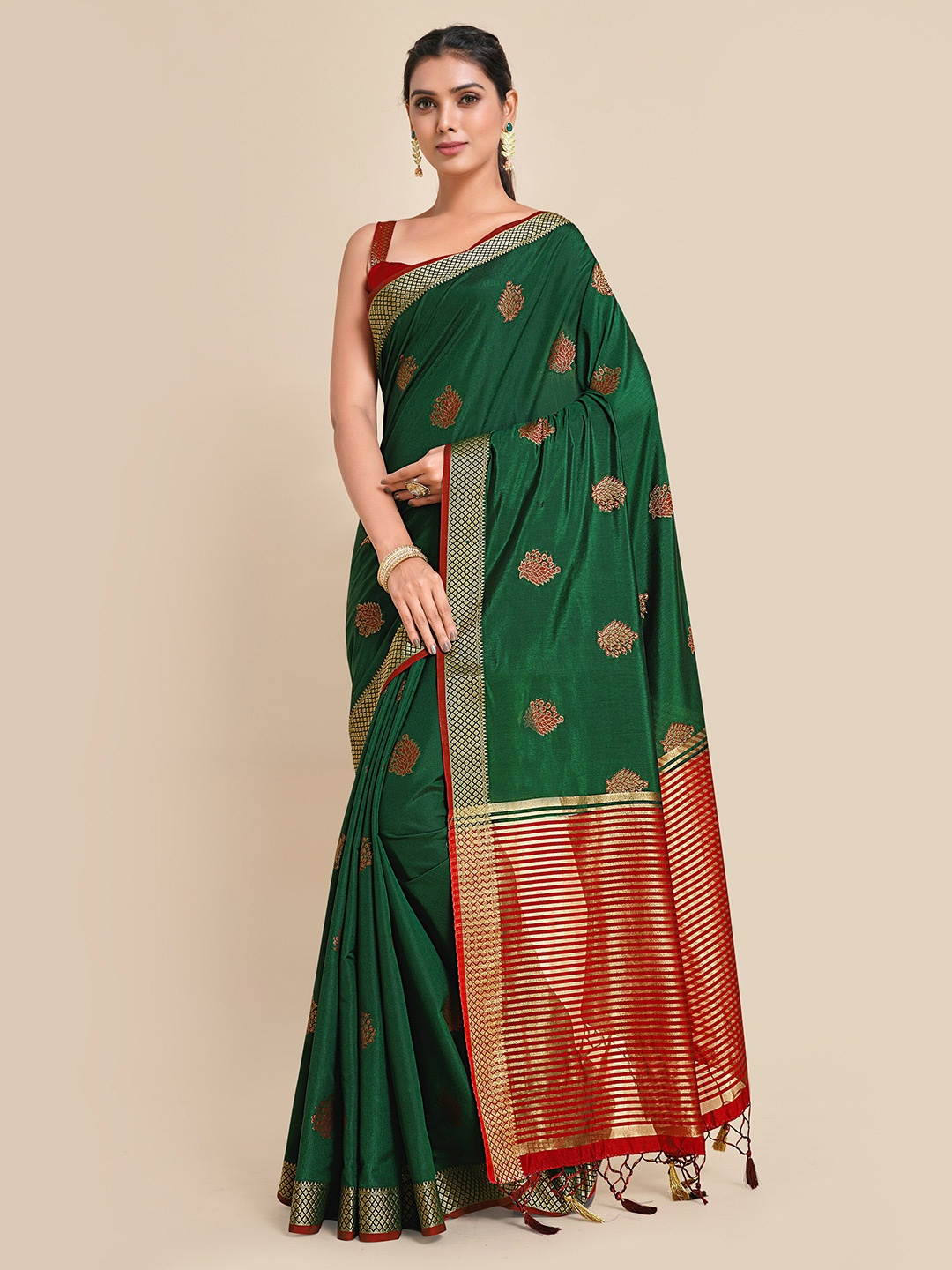 

MIMOSA Green & Red Ethnic Motifs Zari Art Silk Kanjeevaram Saree